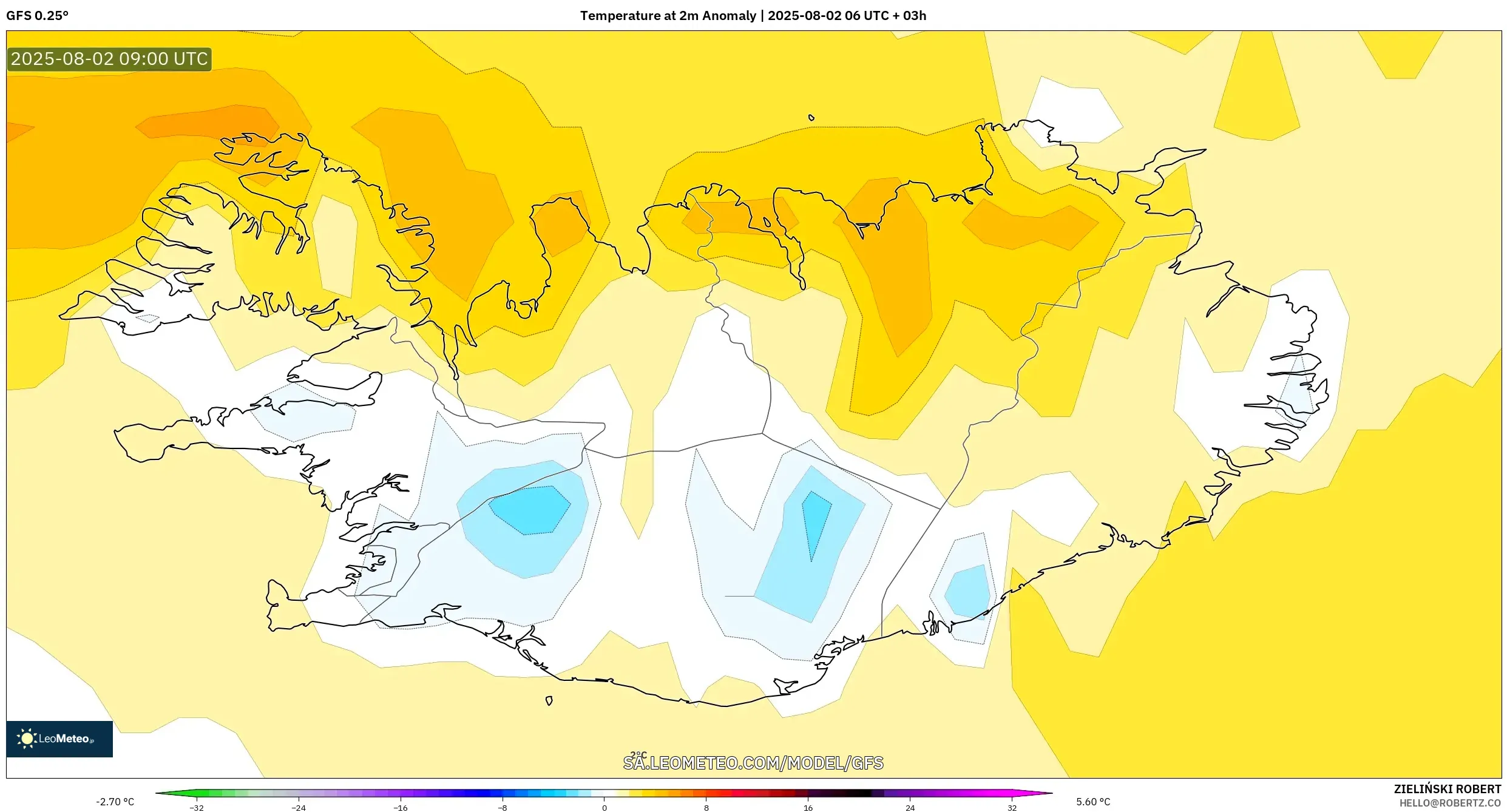 GFS model - Islandia, Anomali Suhu 2 m GFS model - Islandia, Anomali Suhu 2 m