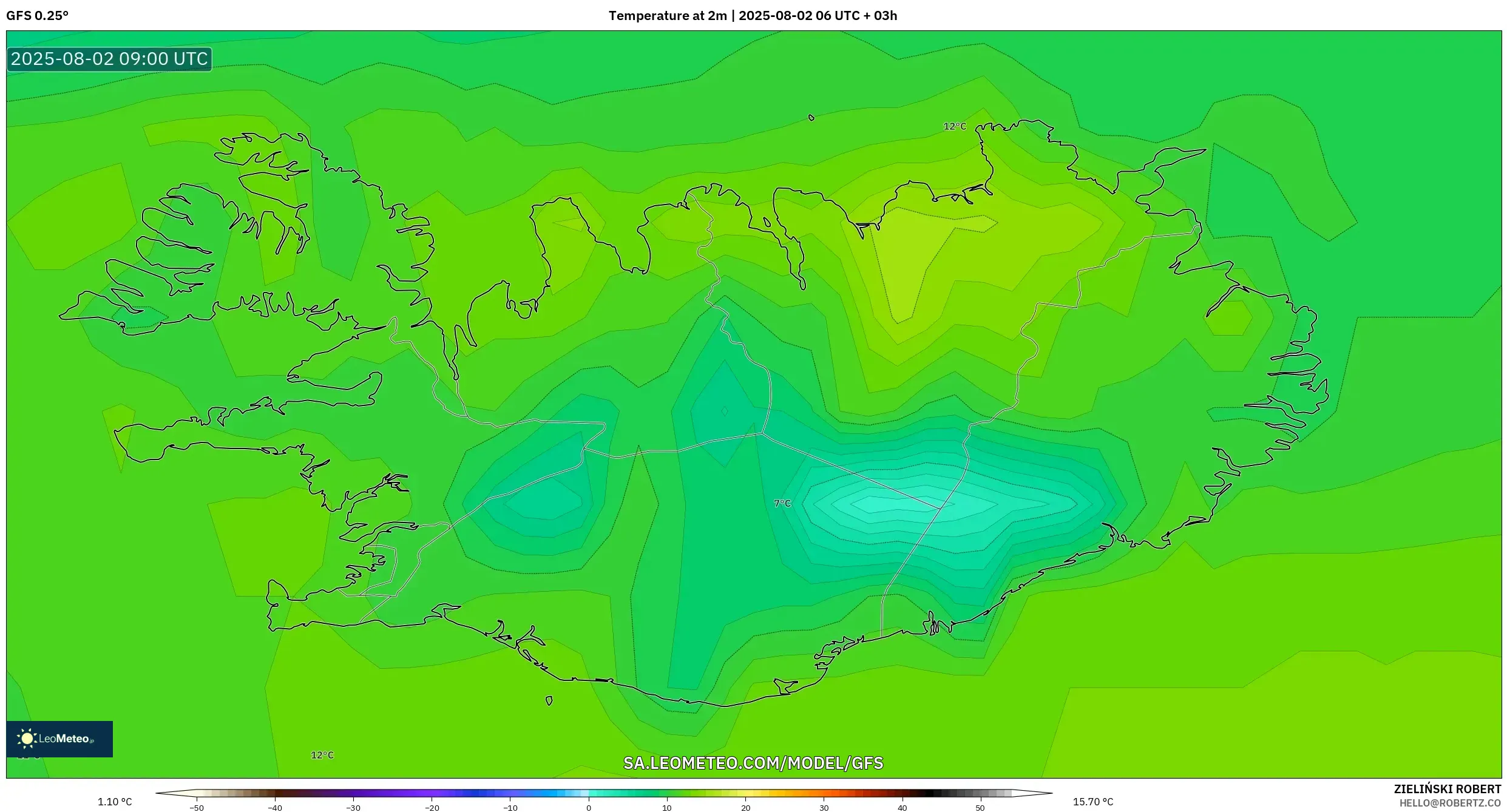 GFS model - Islandia, Suhu 2 m GFS model - Islandia, Suhu 2 m