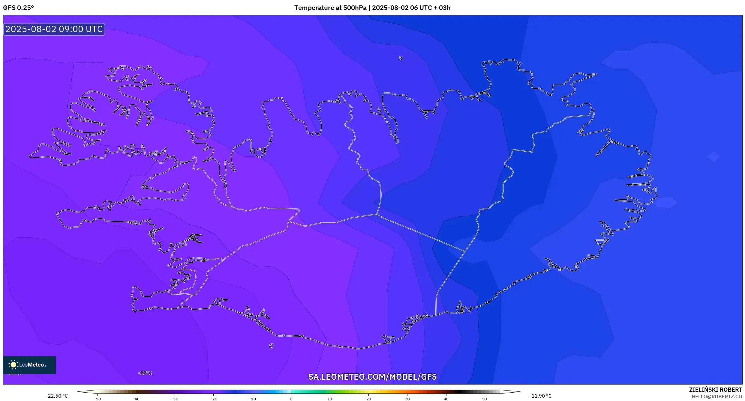 GFS model - Iceland, Suhu 500 hPa