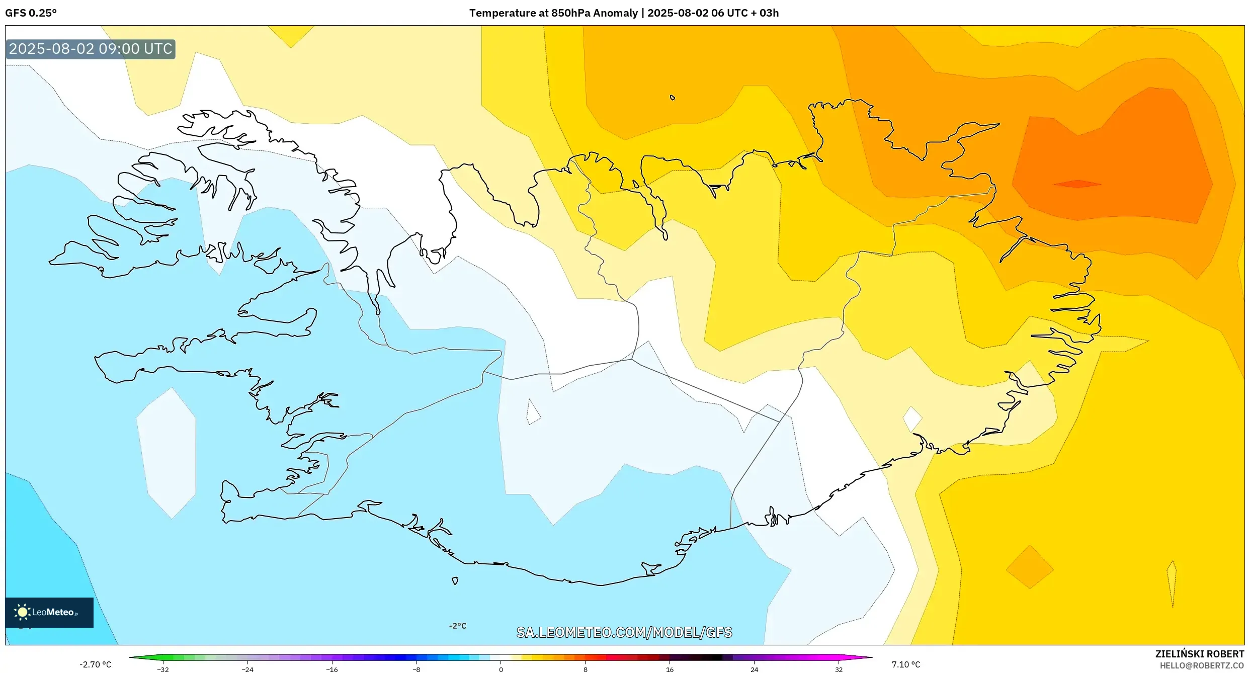 GFS model - Islandia, Anomali Suhu 850 hPa GFS model - Islandia, Anomali Suhu 850 hPa