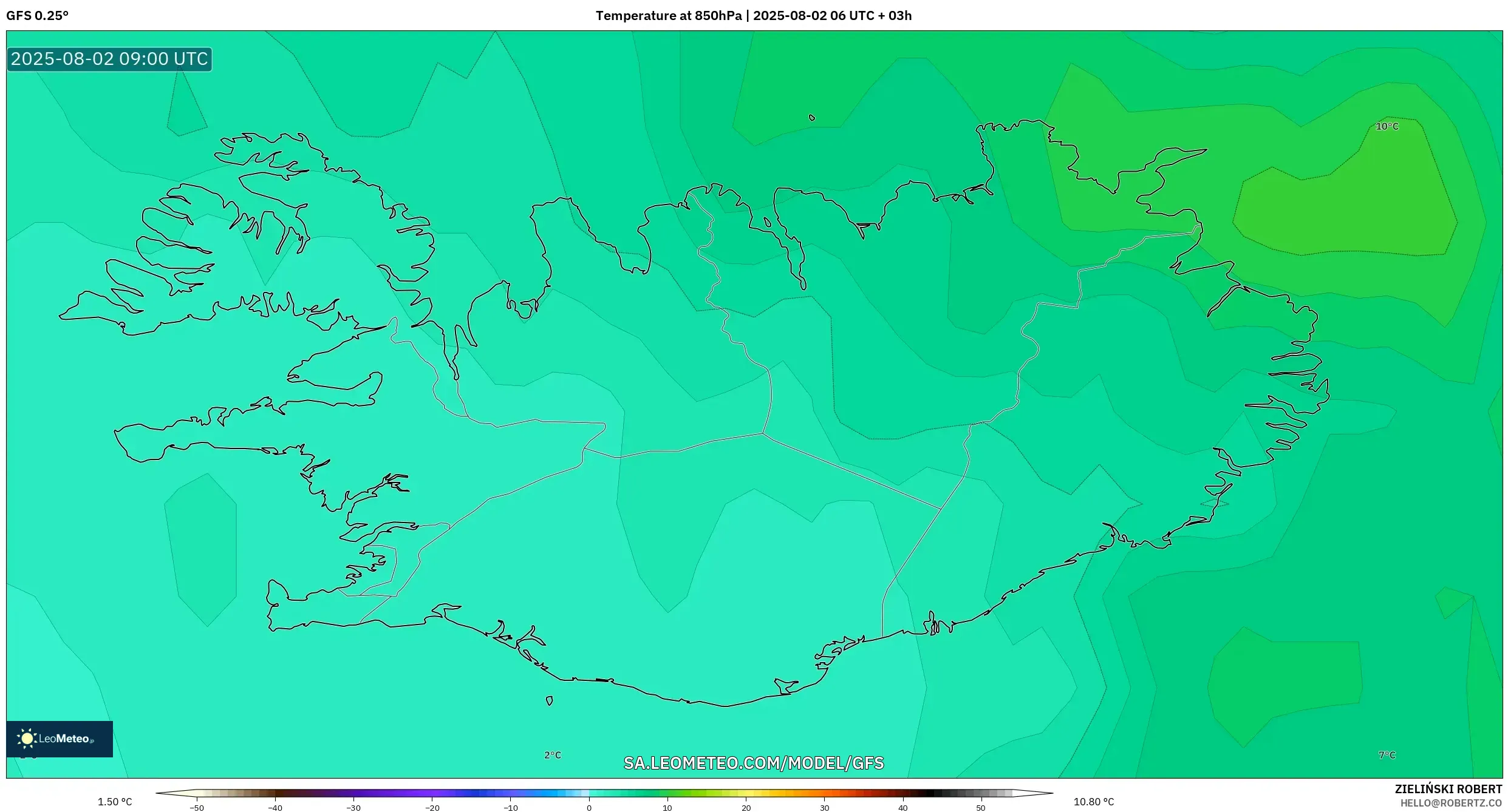 GFS model - Islandia, Suhu 850 hPa GFS model - Islandia, Suhu 850 hPa