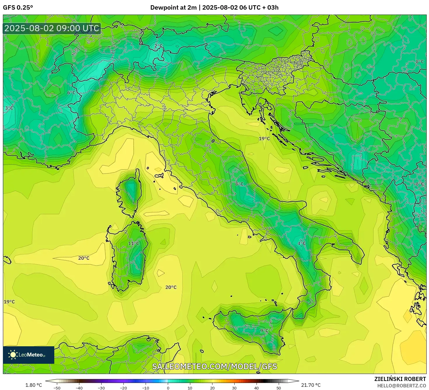 GFS model - Italia, Titik Embun 2 m GFS model - Italia, Titik Embun 2 m