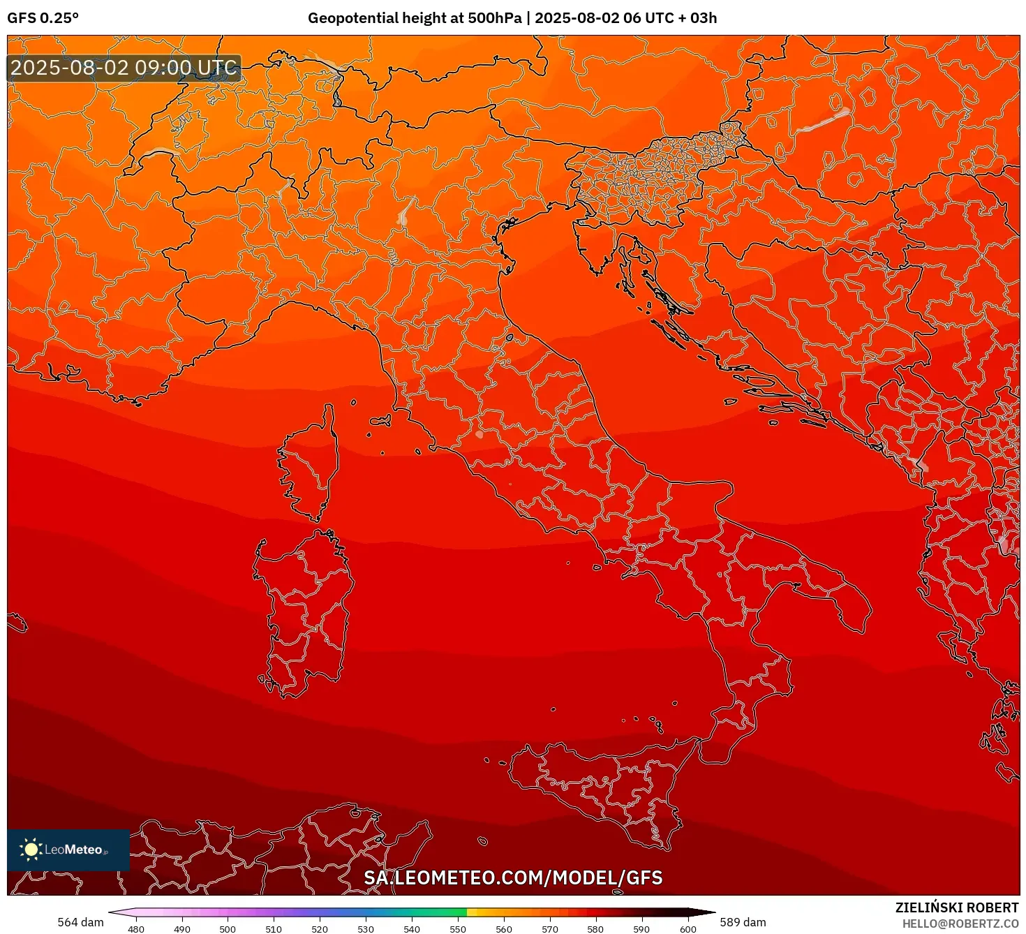 GFS model - Itali, Ketinggian geopotensial pada 500 hPa GFS model - Itali, Ketinggian geopotensial pada 500 hPa