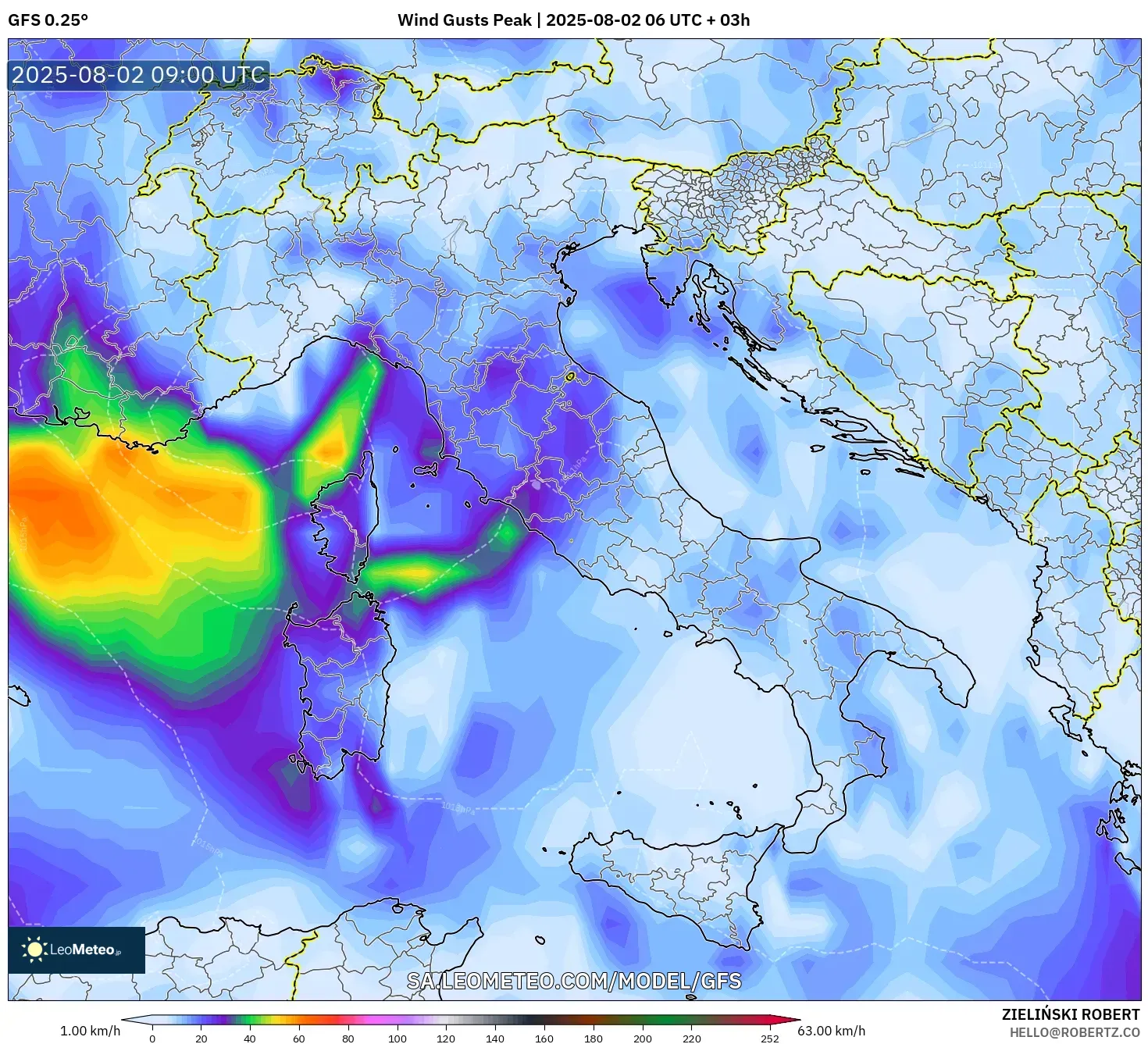 GFS model - Italia, Puncak Hembusan GFS model - Italia, Puncak Hembusan