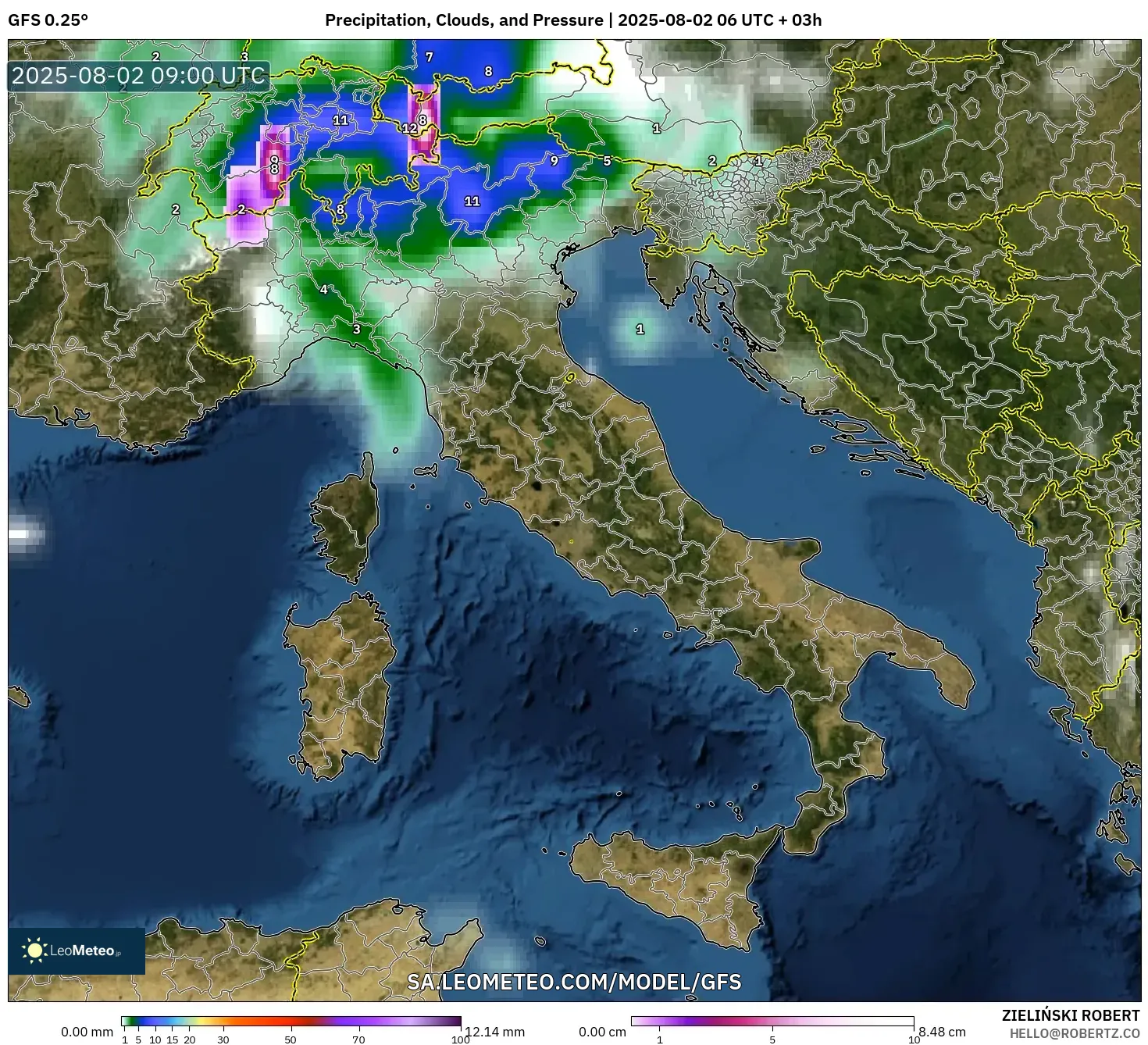 GFS model - Italia, Curah Hujan, Awan, dan Tekanan GFS model - Italia, Curah Hujan, Awan, dan Tekanan