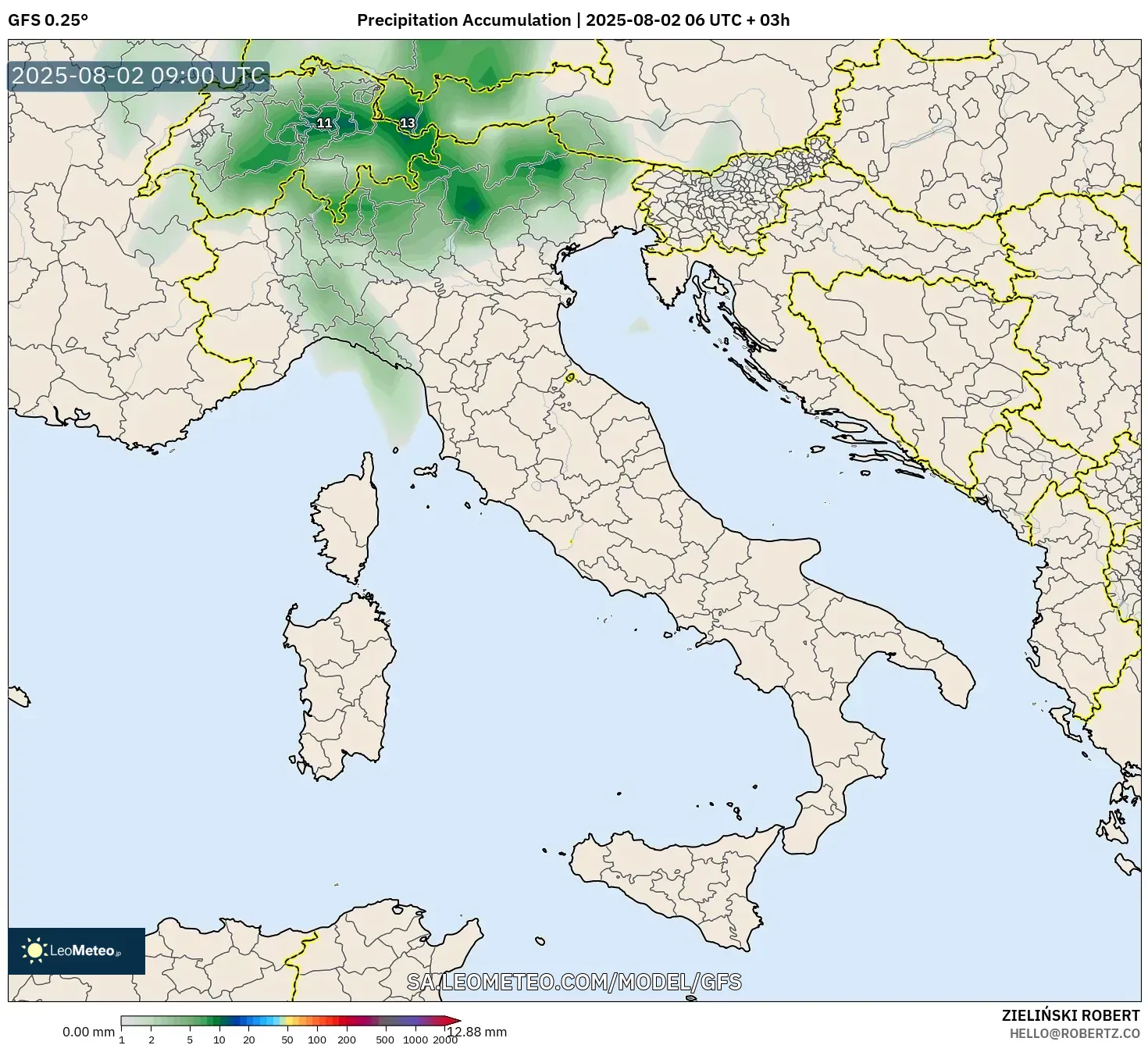 GFS model - Italia, Akumulasi Curah Hujan
