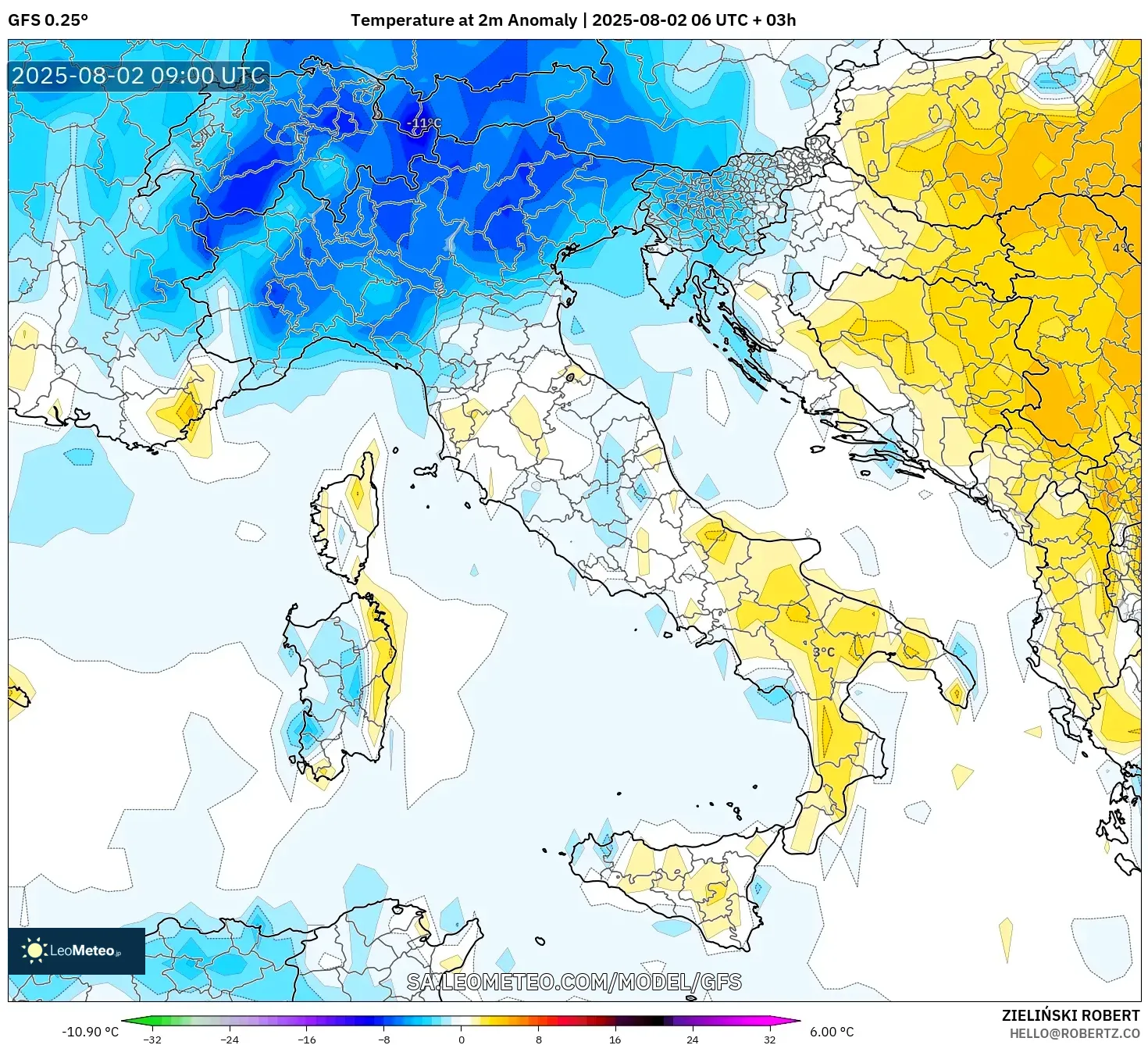 GFS model - Italia, Anomali Suhu 2 m GFS model - Italia, Anomali Suhu 2 m