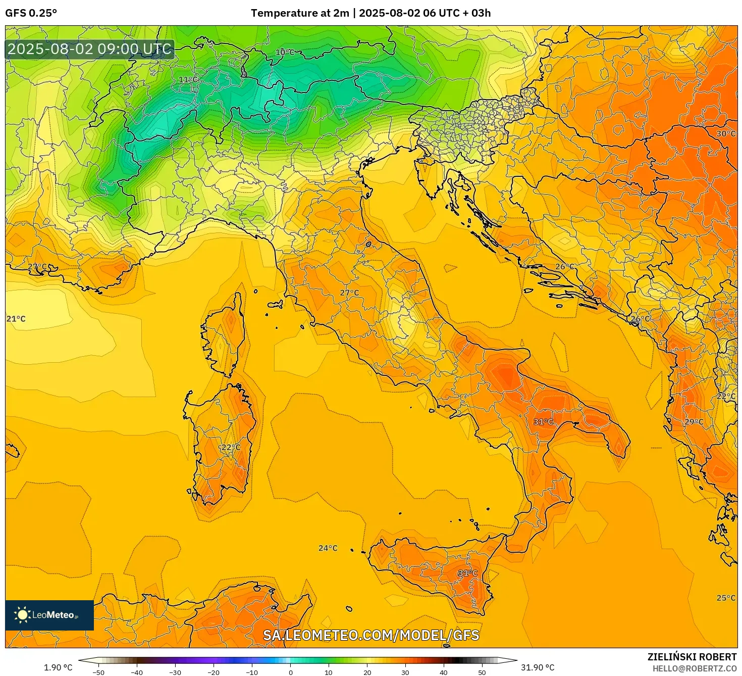 GFS model - Italia, Suhu 2 m