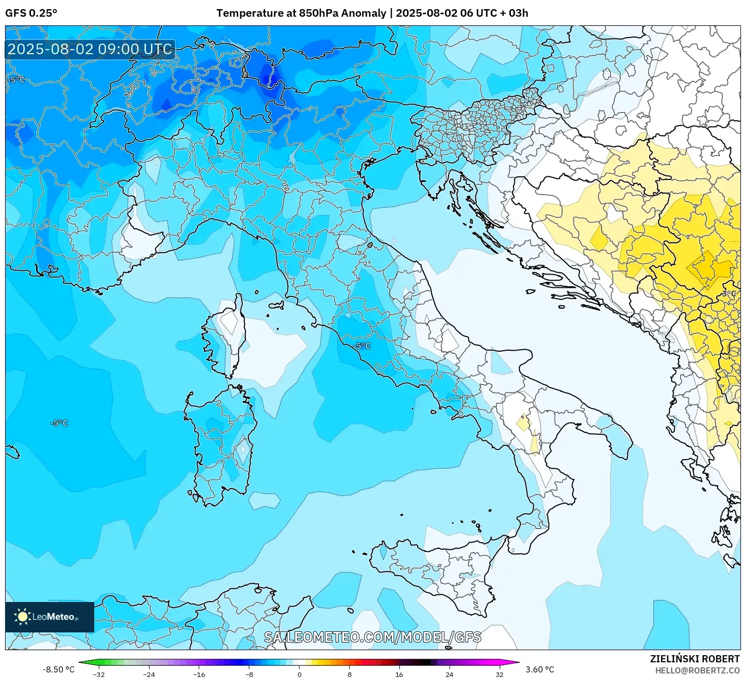 GFS model - Italia, Anomali Suhu 850 hPa GFS model - Italia, Anomali Suhu 850 hPa