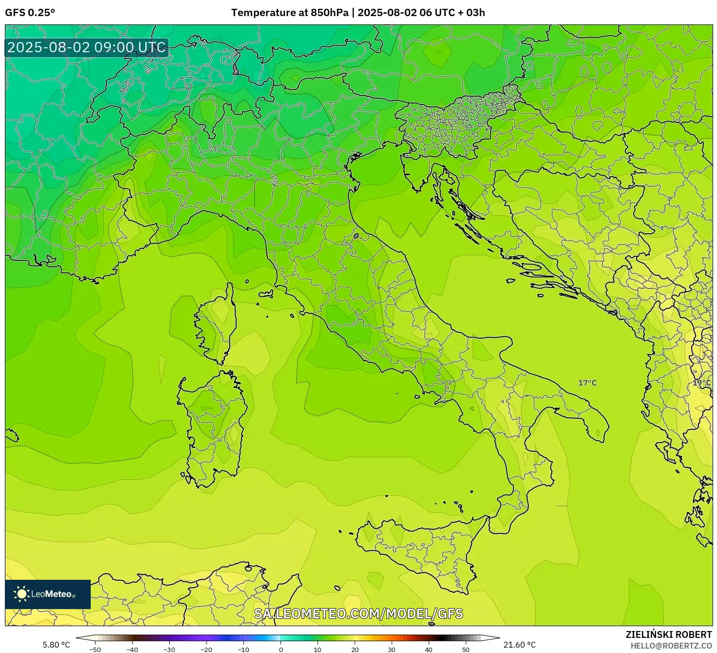 GFS model - Italia, Suhu 850 hPa GFS model - Italia, Suhu 850 hPa