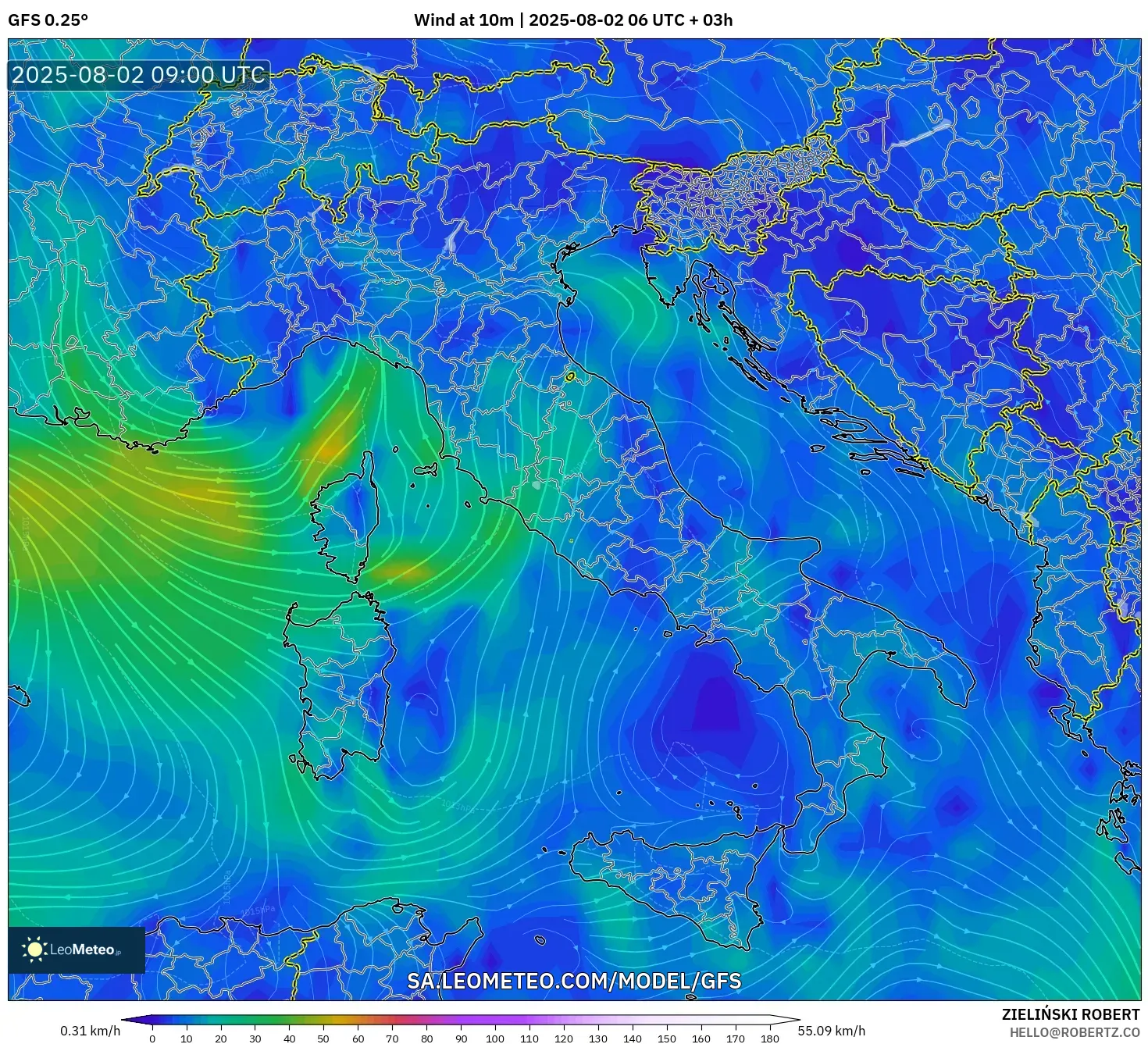 GFS model - Italia, Angin 10 m GFS model - Italia, Angin 10 m
