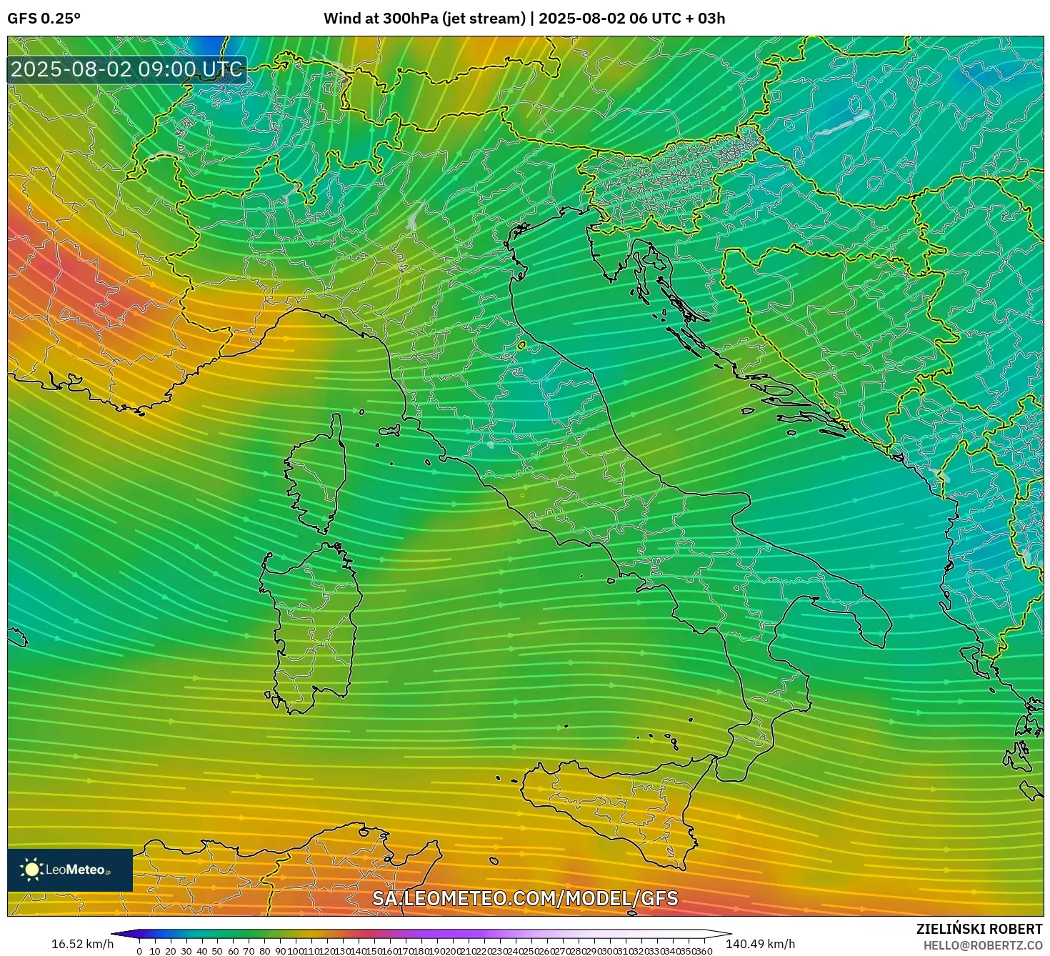 GFS model - Italia, Angin 300 hPa (aliran jet) GFS model - Italia, Angin 300 hPa (aliran jet)
