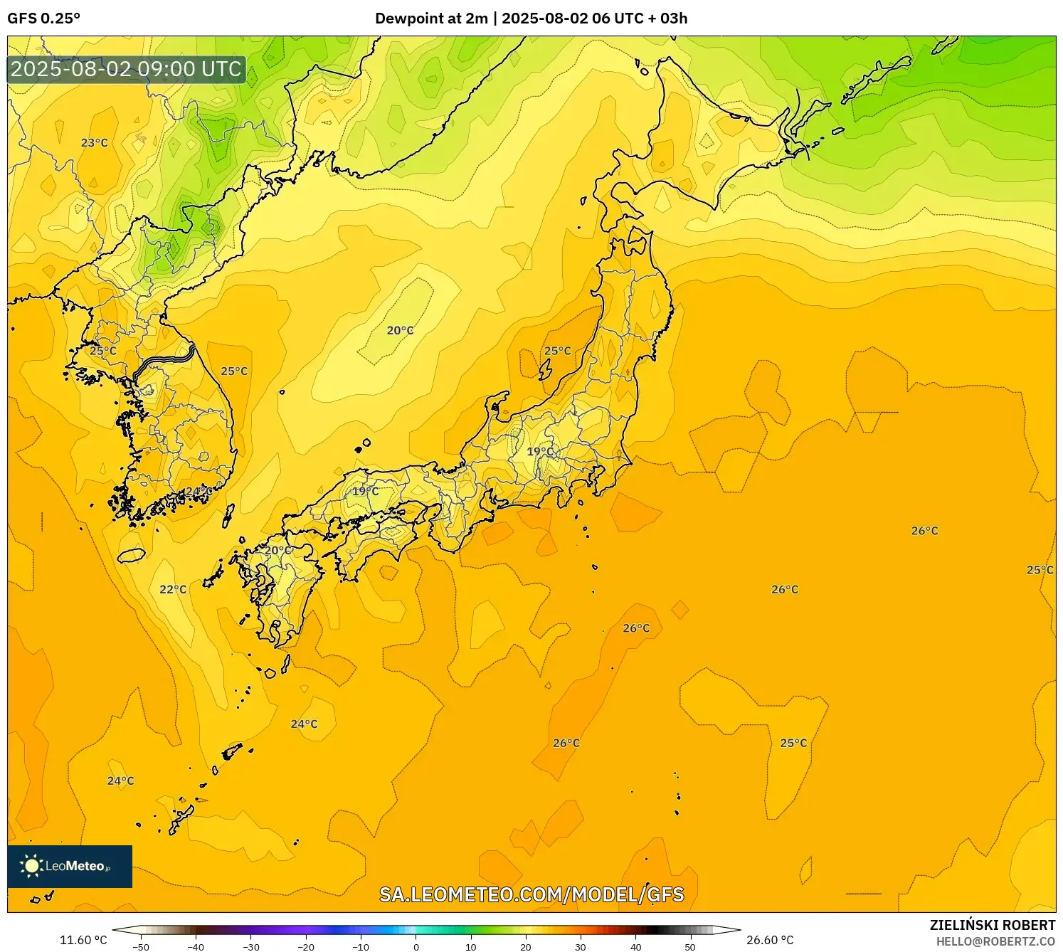 GFS model - Jepang, Titik Embun 2 m GFS model - Jepang, Titik Embun 2 m