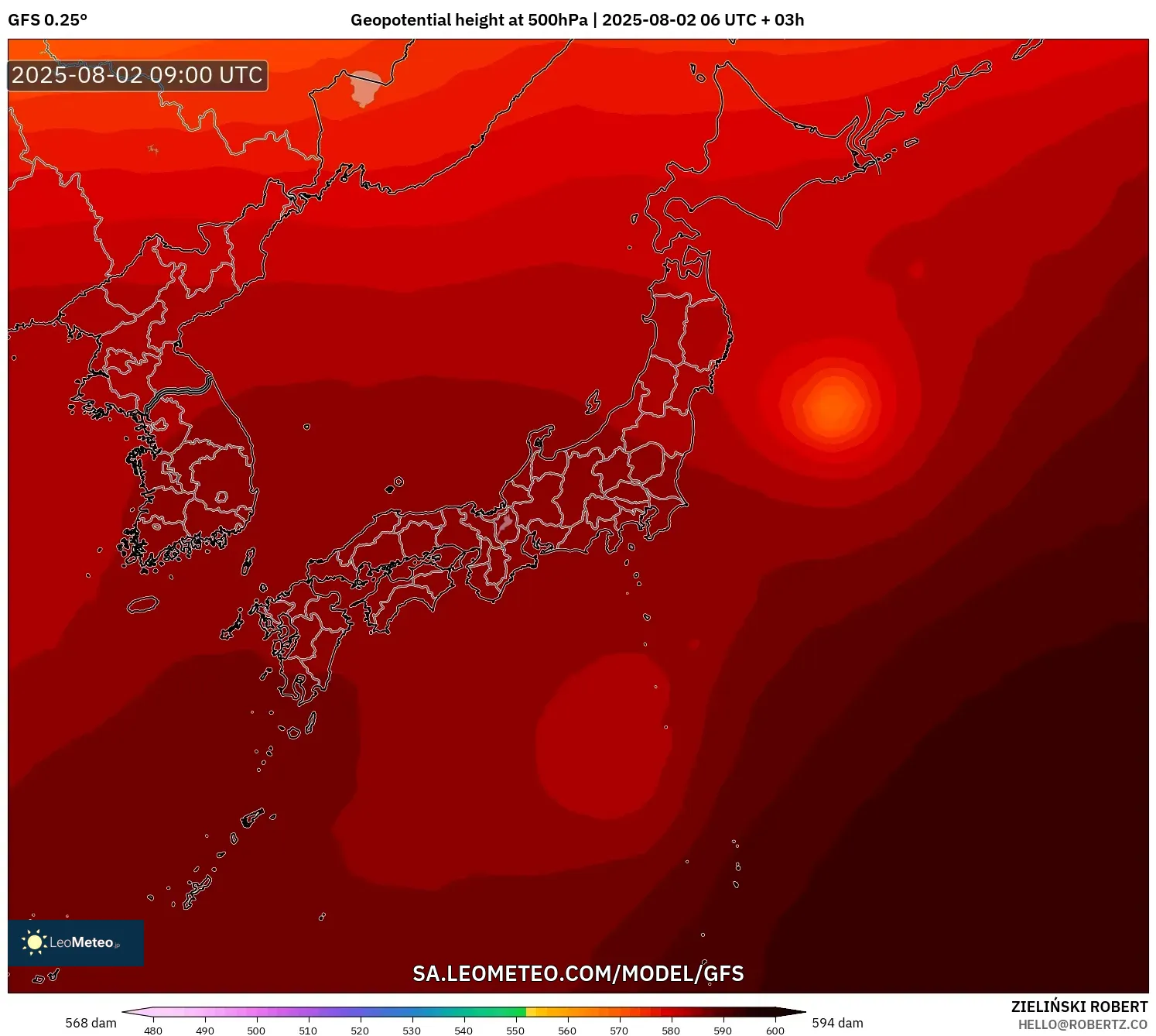 GFS model - Jepun, Ketinggian geopotensial pada 500 hPa GFS model - Jepun, Ketinggian geopotensial pada 500 hPa