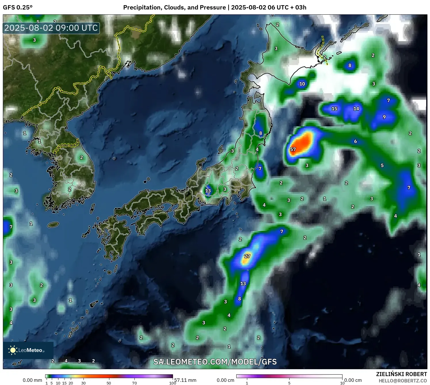 GFS model - Jepang, Curah Hujan, Awan, dan Tekanan GFS model - Jepang, Curah Hujan, Awan, dan Tekanan