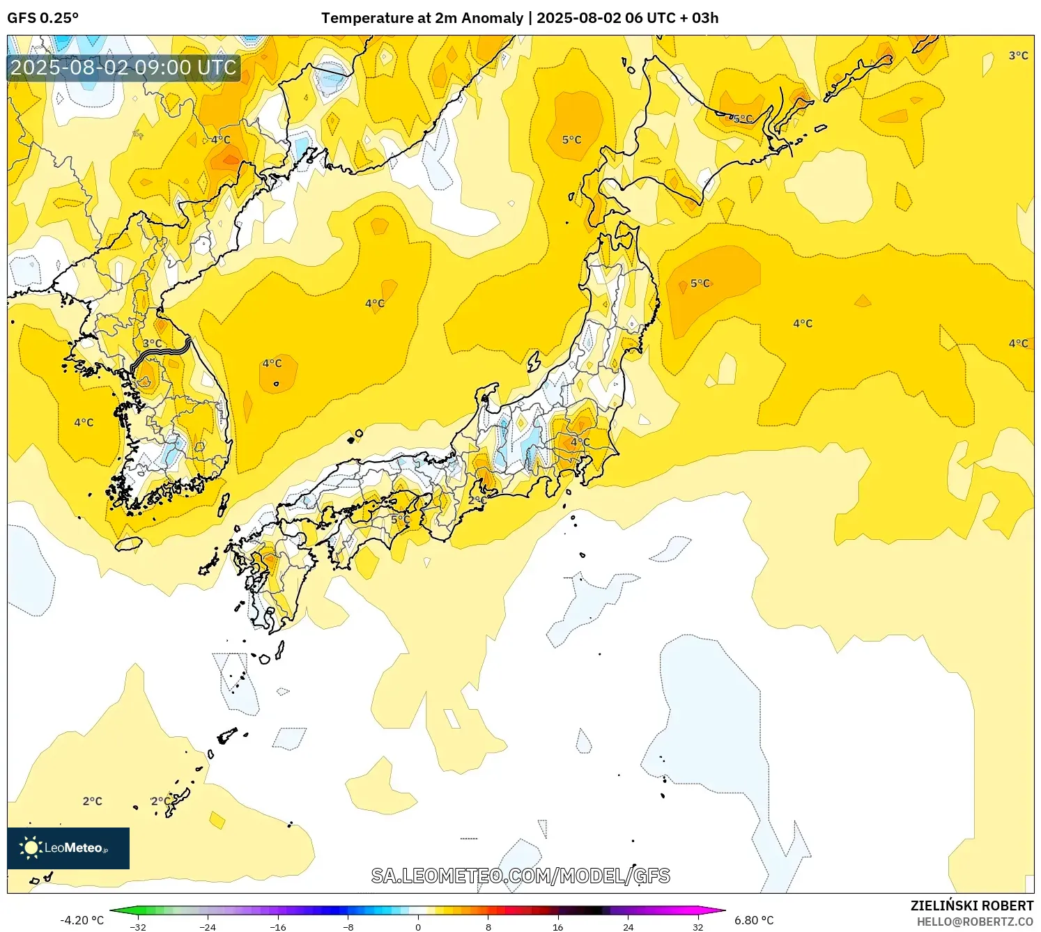 GFS model - Jepang, Anomali Suhu 2 m