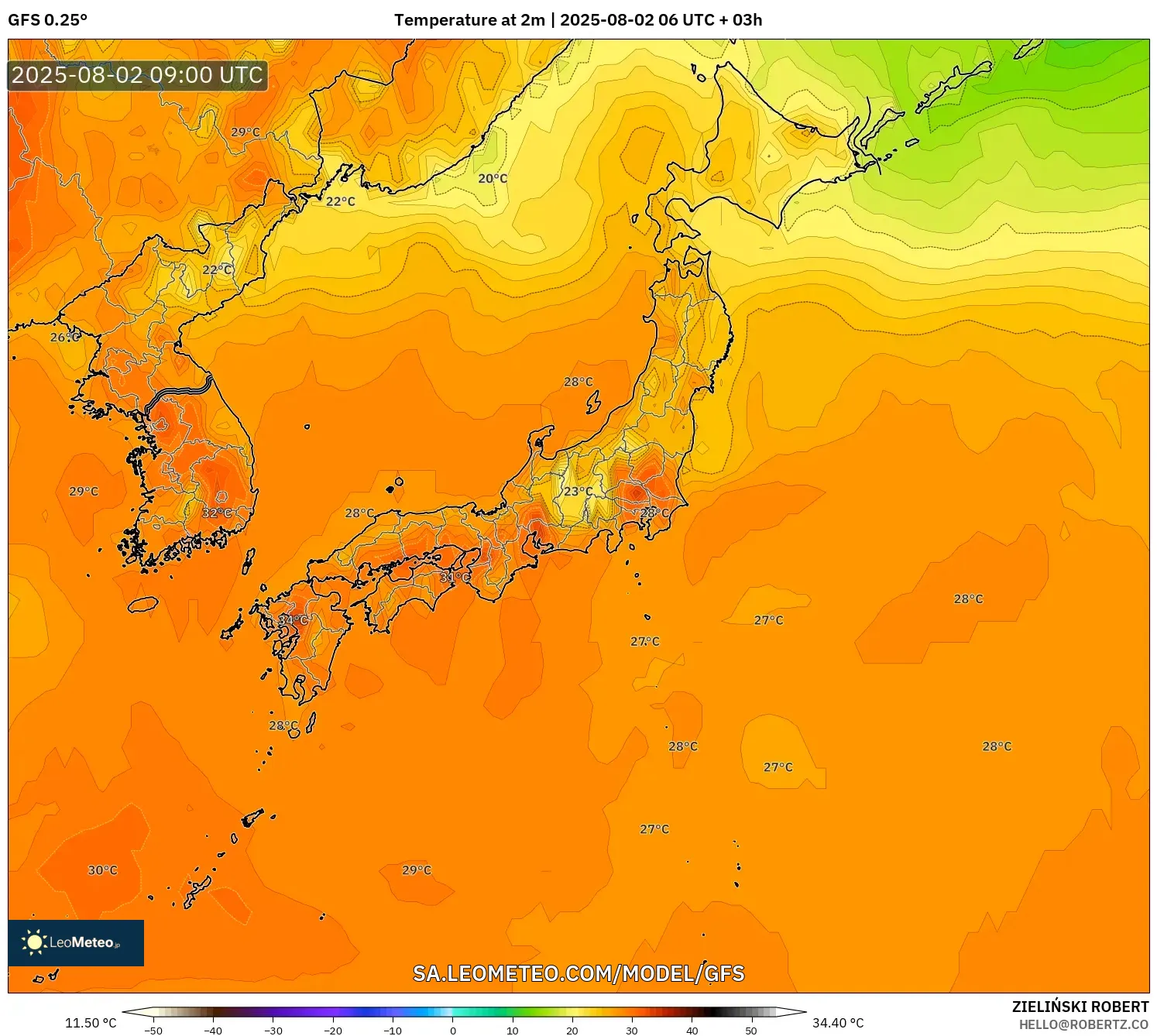 GFS model - Jepang, Suhu 2 m