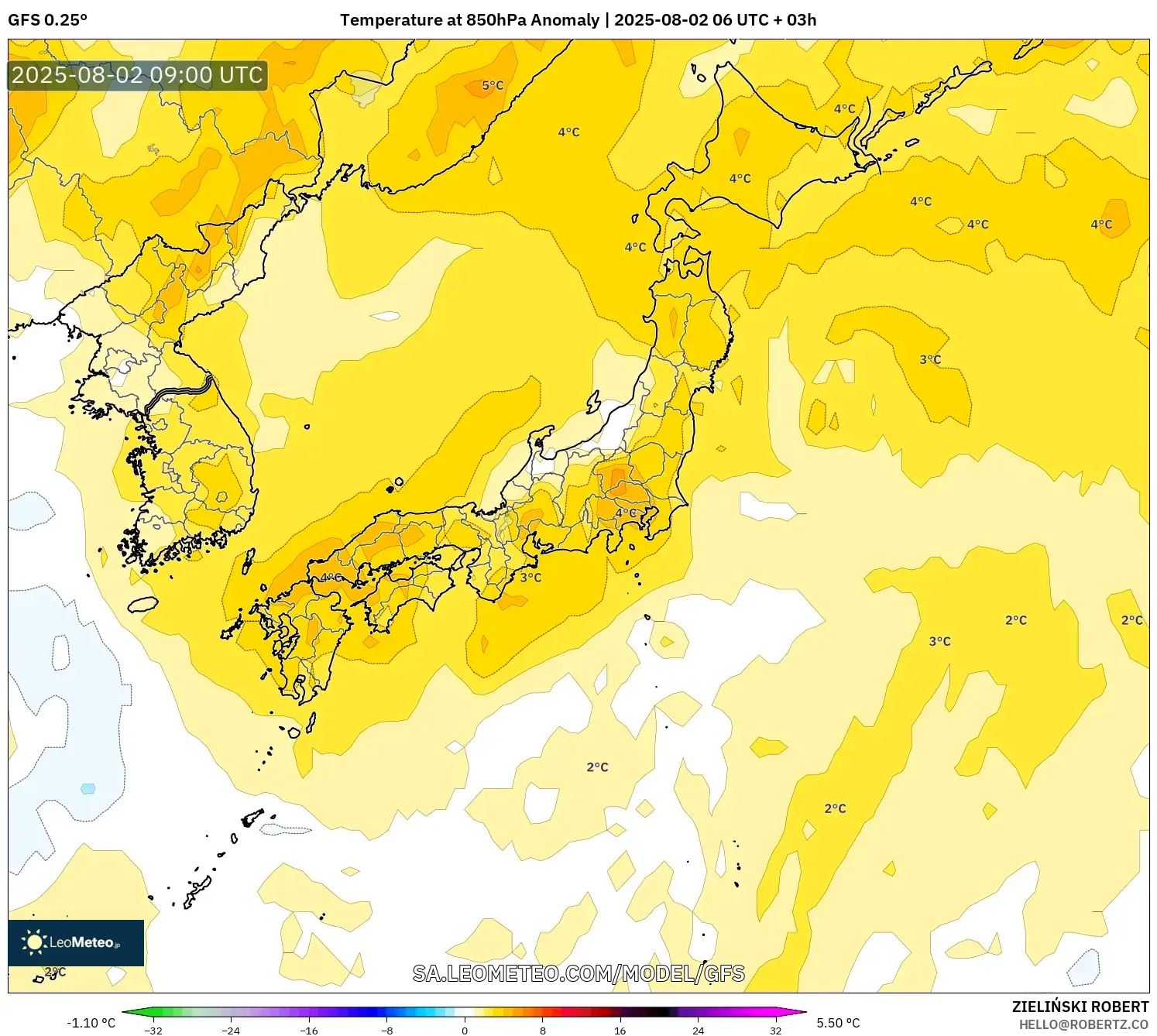 GFS model - Jepang, Anomali Suhu 850 hPa