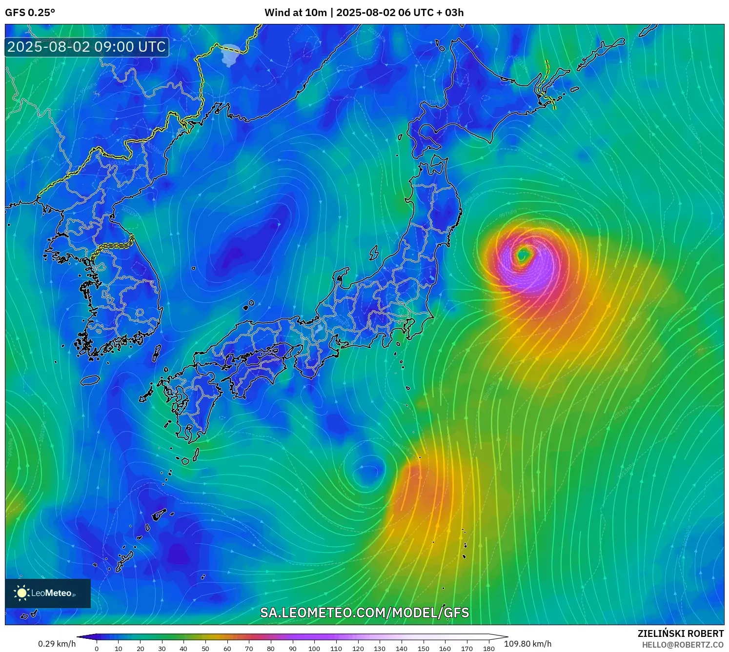 GFS model - Jepang, Angin 10 m GFS model - Jepang, Angin 10 m