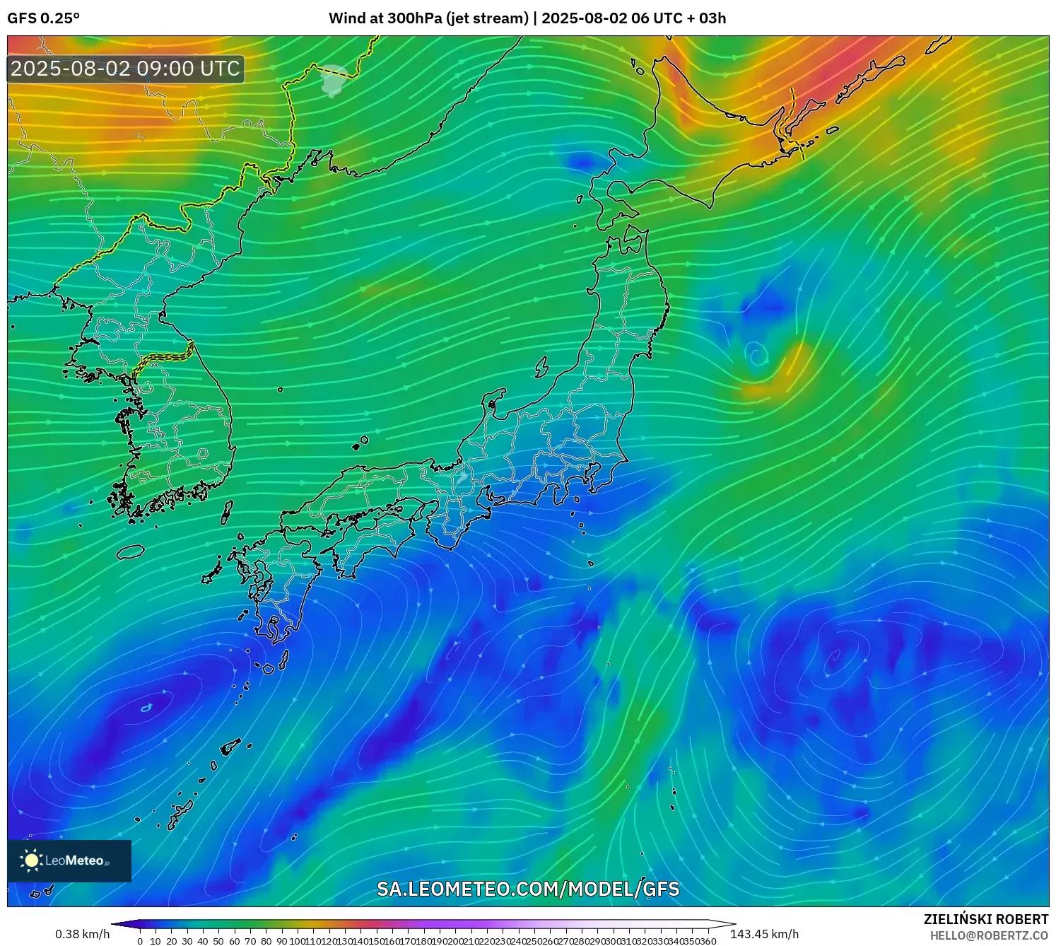 GFS model - Jepang, Angin 300 hPa (aliran jet) GFS model - Jepang, Angin 300 hPa (aliran jet)