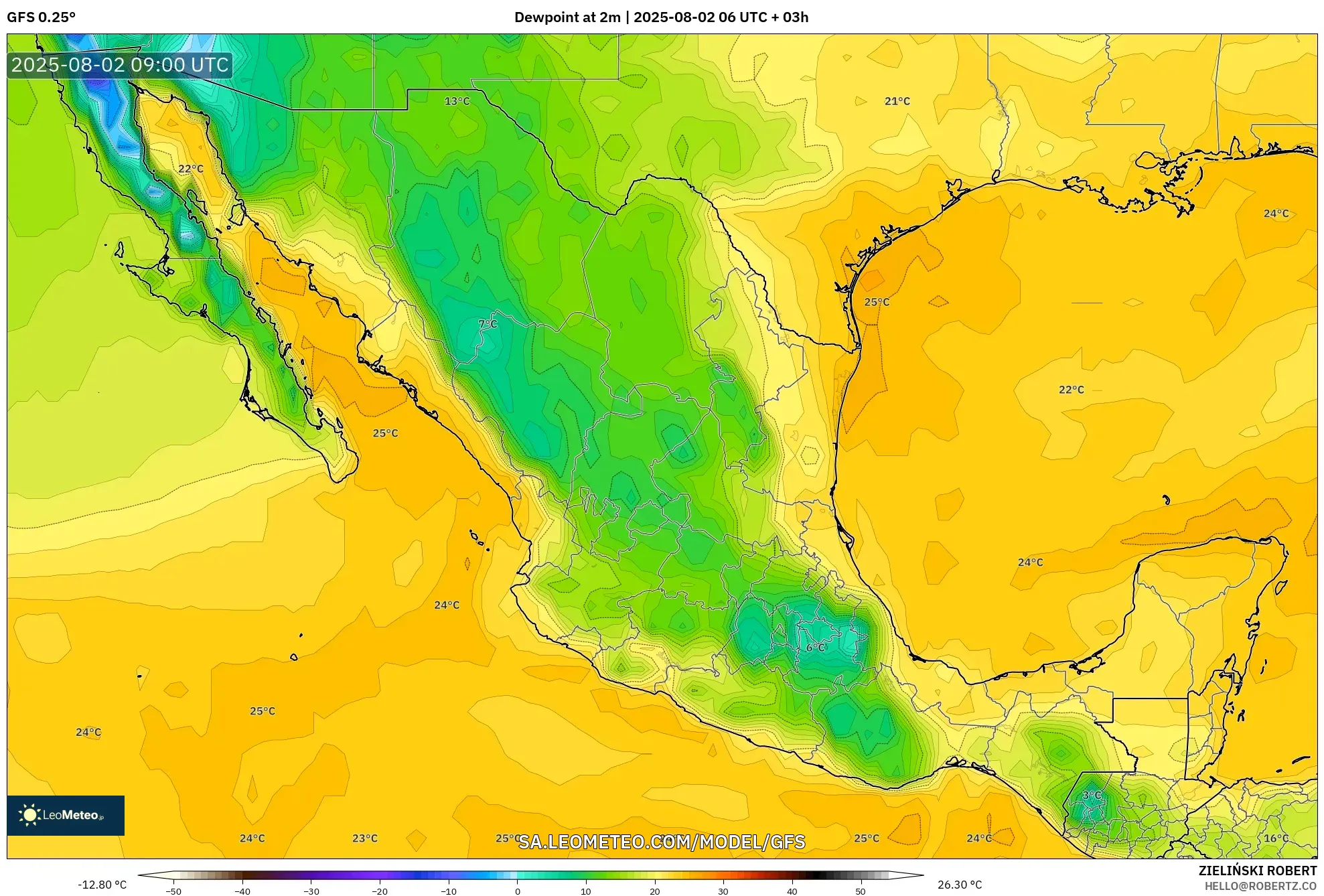 GFS model - Mexico, Takat Embun 2 m