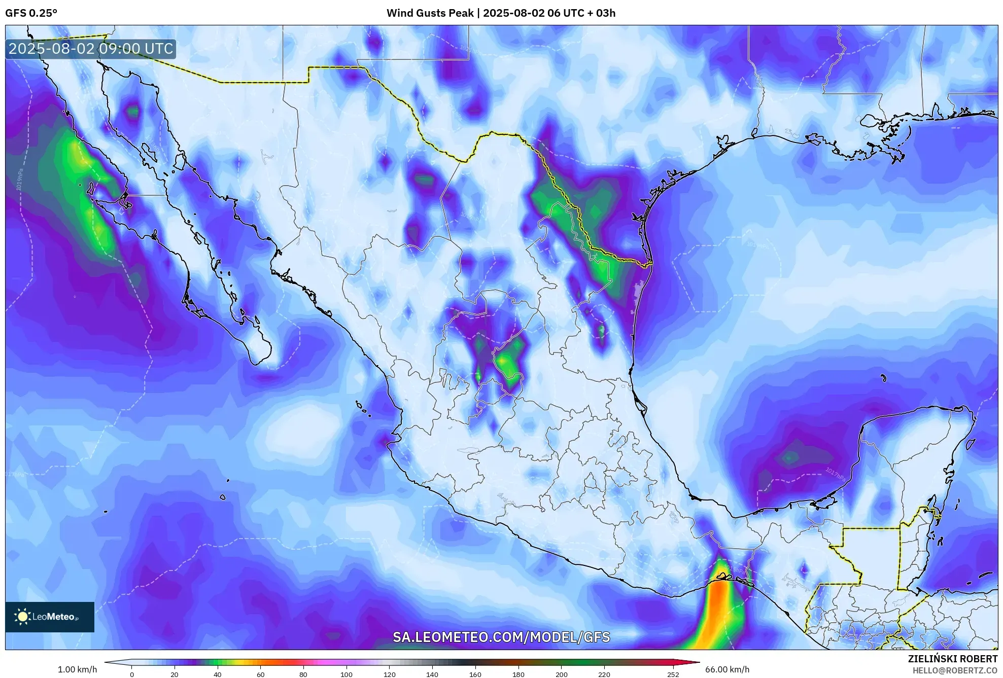 GFS model - Mexico, Hembusan Tertinggi