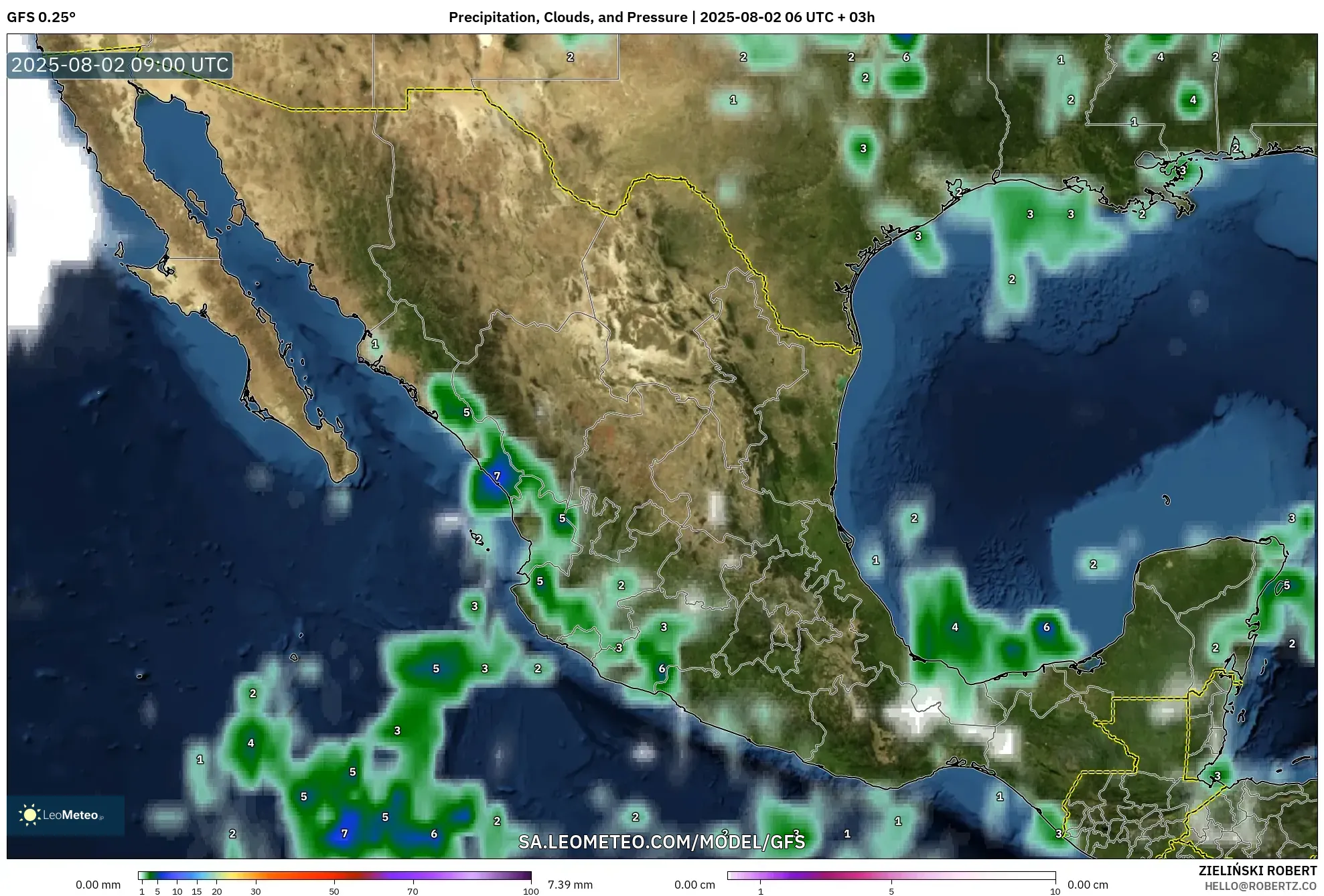 GFS model - Meksiko, Curah Hujan, Awan, dan Tekanan GFS model - Meksiko, Curah Hujan, Awan, dan Tekanan