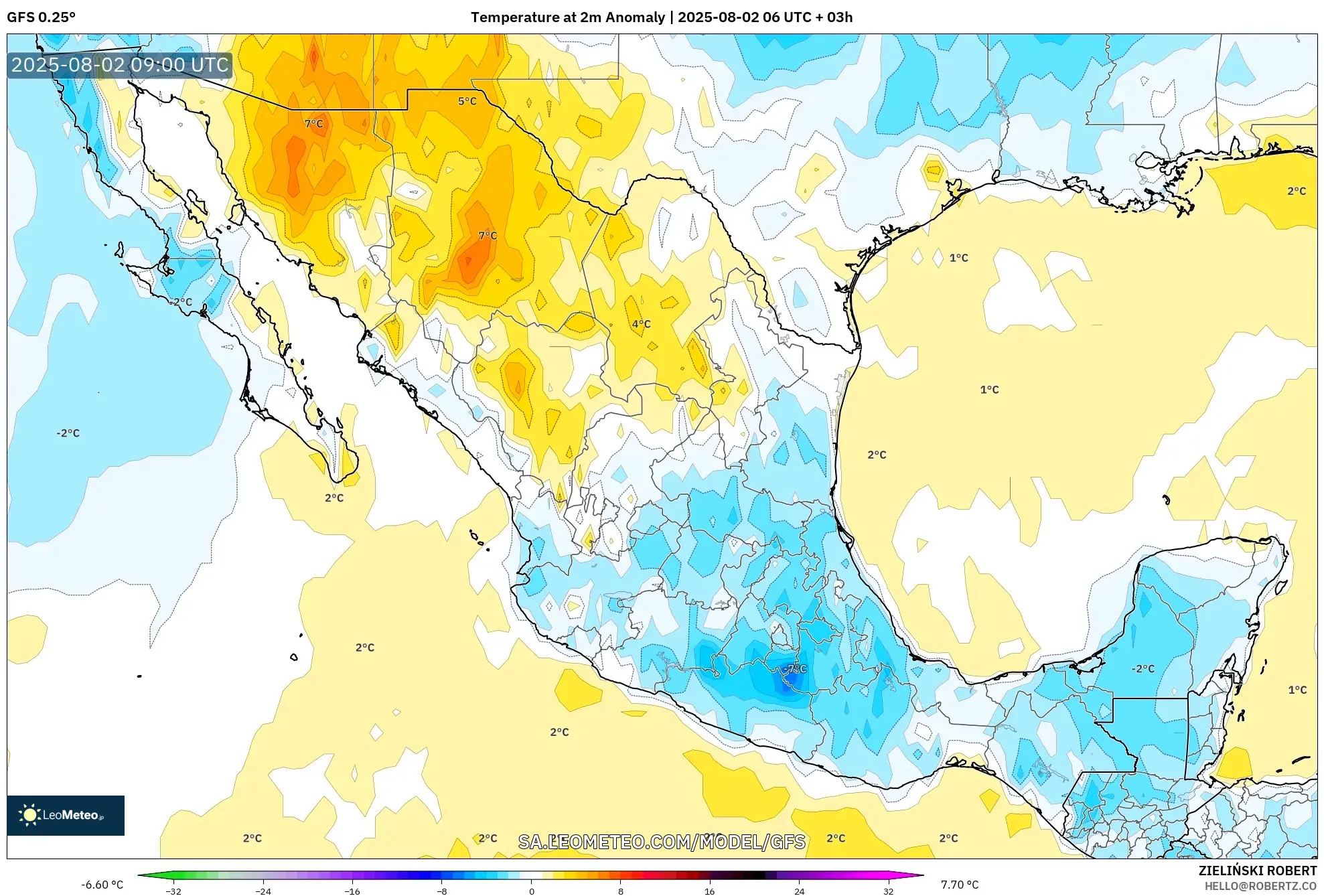 GFS model - Mexico, Anomali Suhu 2 m GFS model - Mexico, Anomali Suhu 2 m