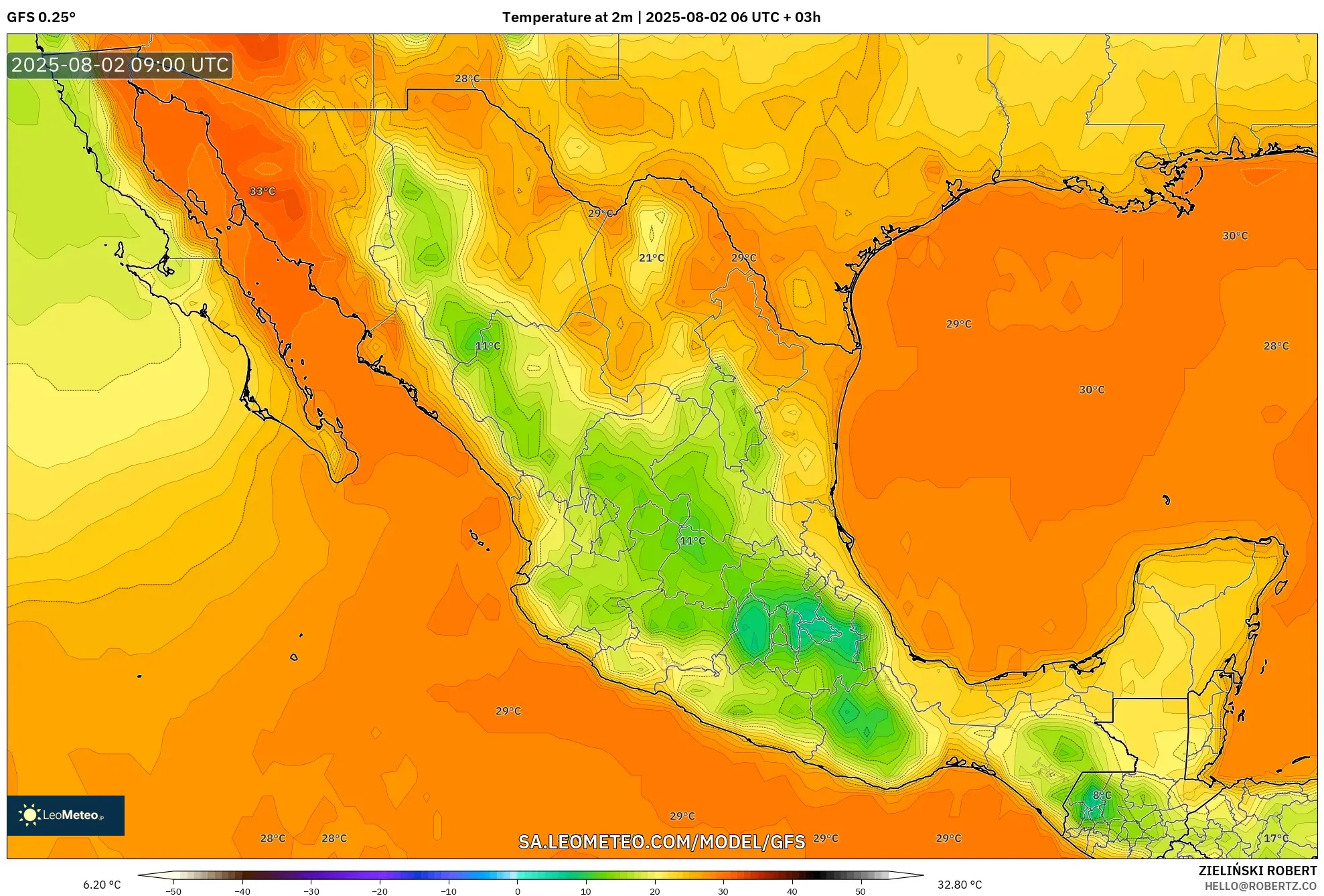 GFS model - Mexico, Suhu pada 2 m GFS model - Mexico, Suhu pada 2 m