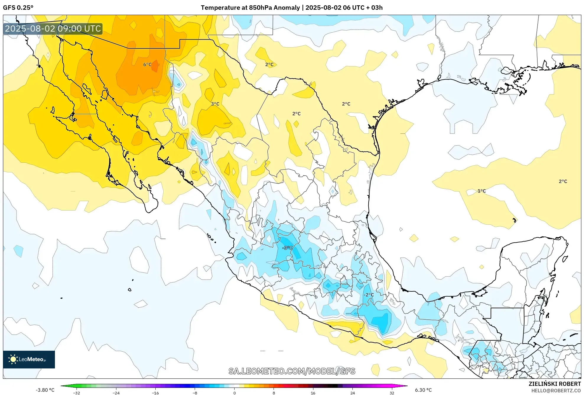 GFS model - Meksiko, Anomali Suhu 850 hPa GFS model - Meksiko, Anomali Suhu 850 hPa