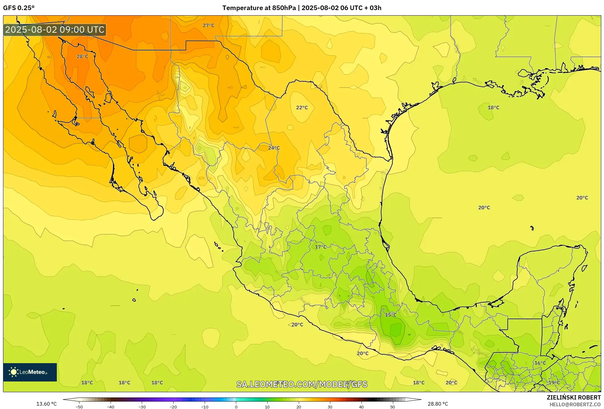 GFS model - Mexico, Suhu 850 hPa GFS model - Mexico, Suhu 850 hPa