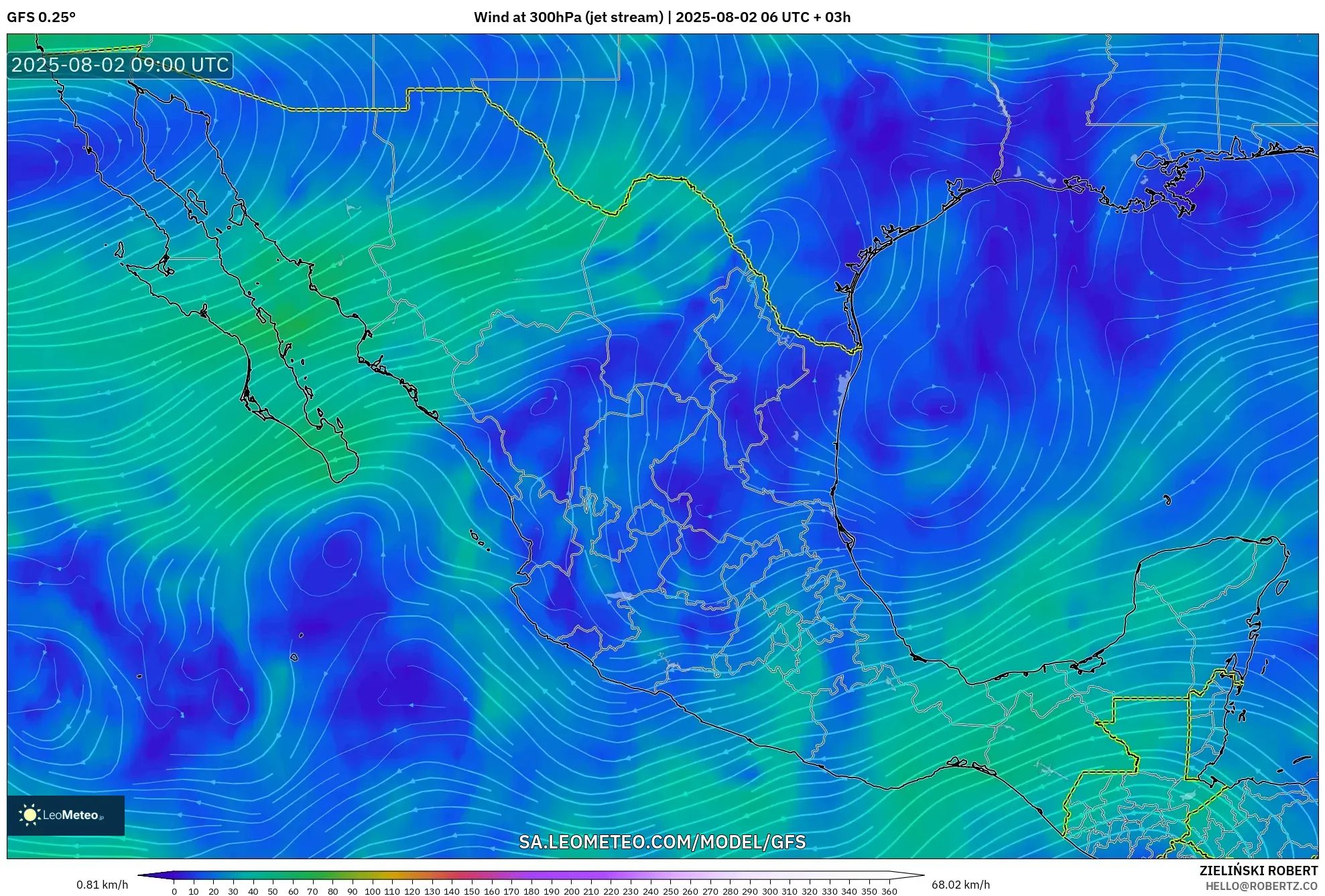 GFS model - Mexico, Angin 300 hPa (aliran jet) GFS model - Mexico, Angin 300 hPa (aliran jet)