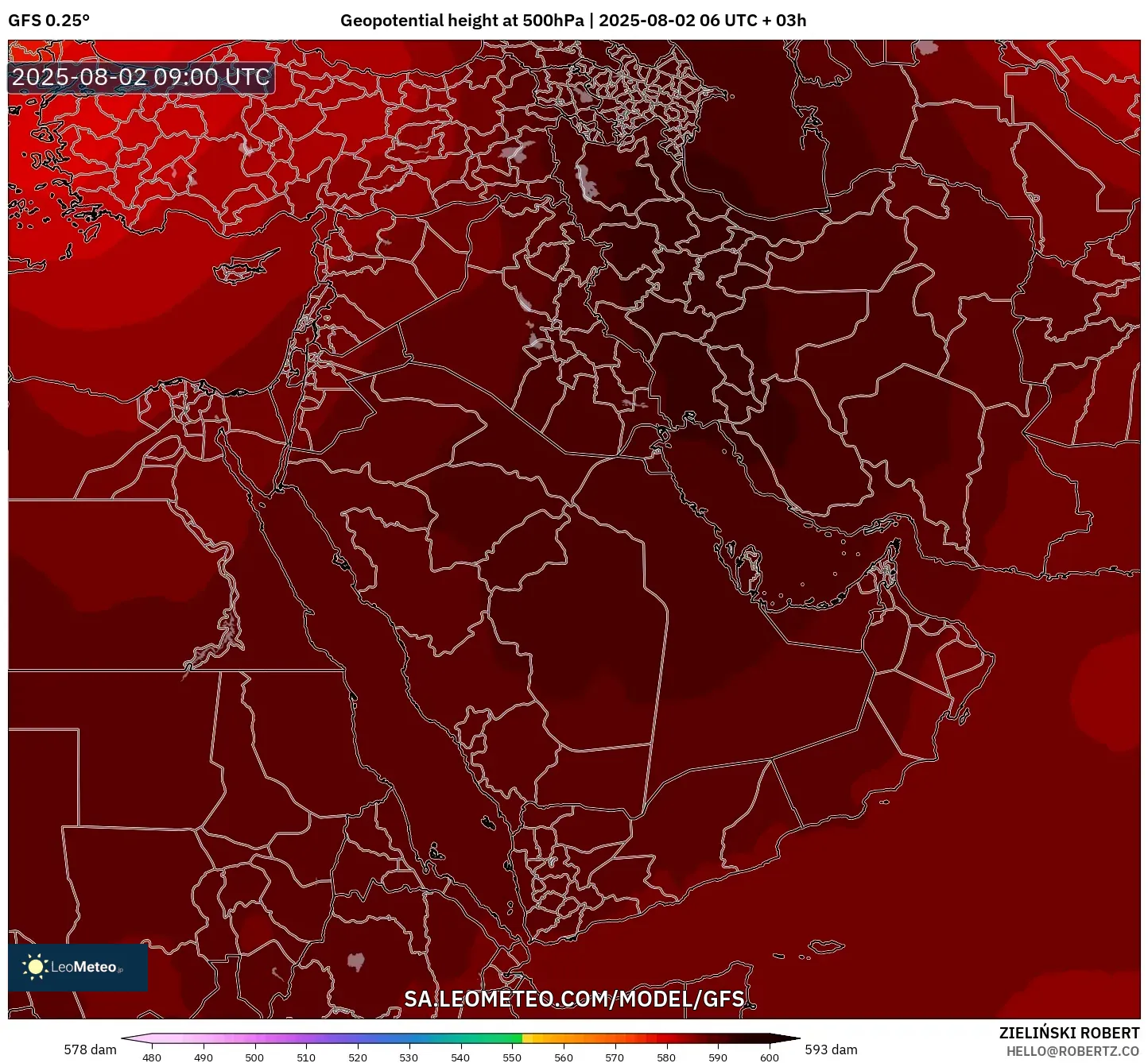 GFS model - Timur Tengah, Ketinggian geopotensial pada 500 hPa GFS model - Timur Tengah, Ketinggian geopotensial pada 500 hPa