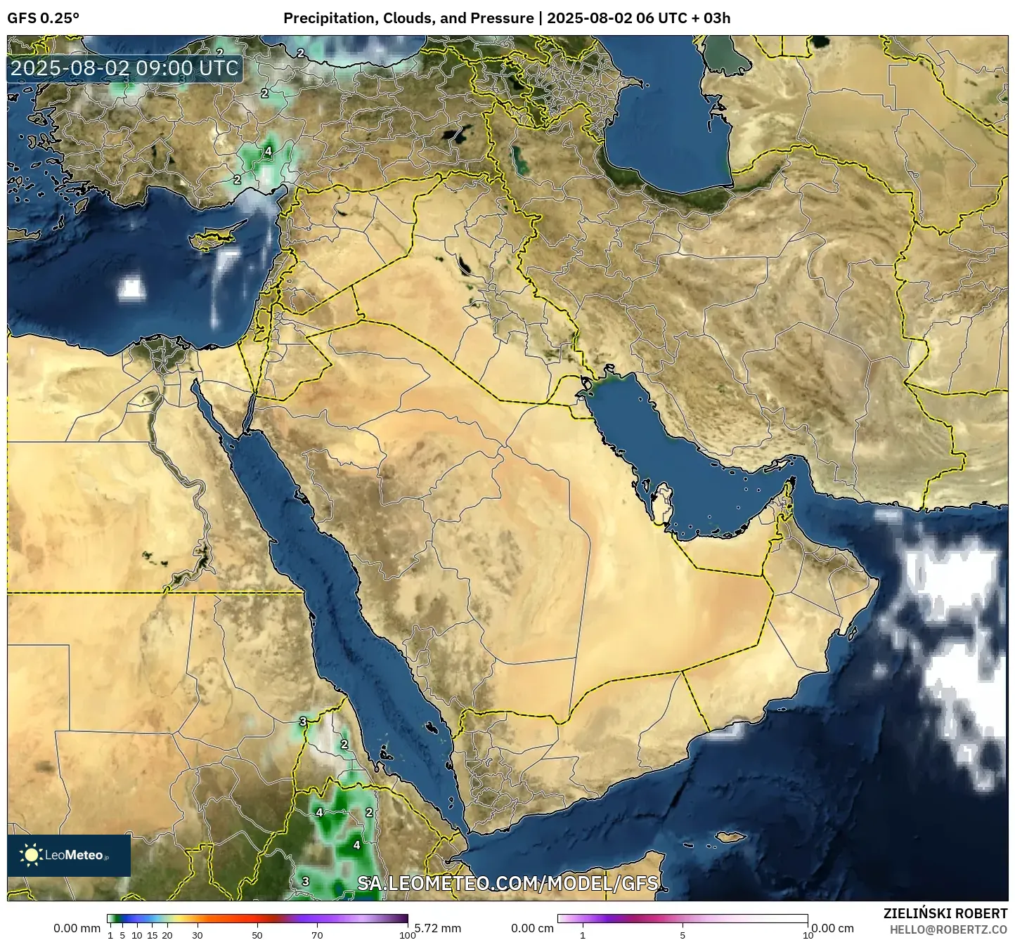 GFS model - Timur Tengah, Curah Hujan, Awan, dan Tekanan GFS model - Timur Tengah, Curah Hujan, Awan, dan Tekanan