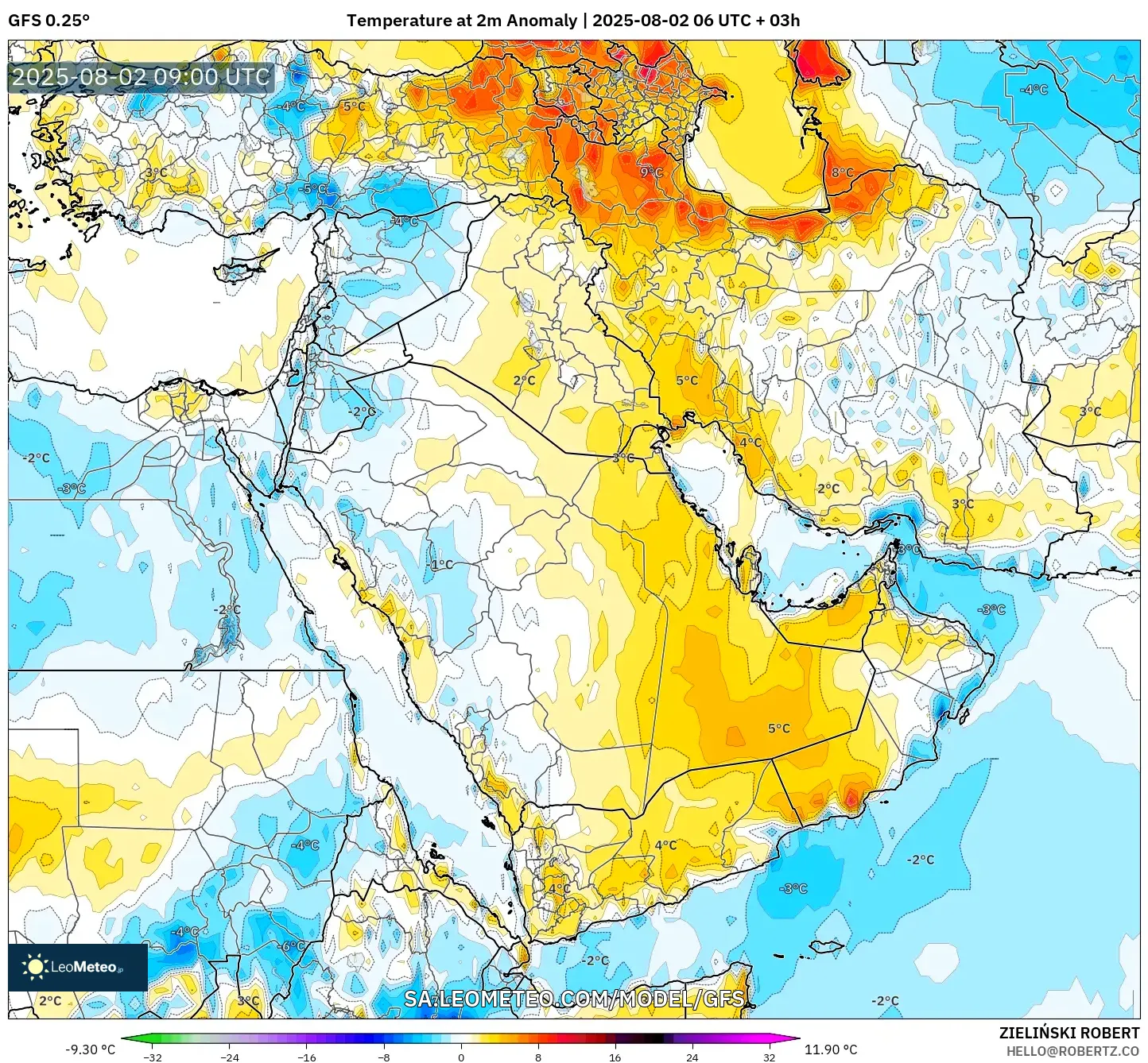 GFS model - Timur Tengah, Anomali Suhu 2 m GFS model - Timur Tengah, Anomali Suhu 2 m