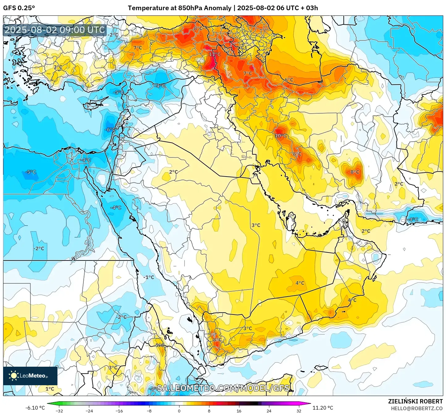 GFS model - Timur Tengah, Anomali Suhu 850 hPa GFS model - Timur Tengah, Anomali Suhu 850 hPa