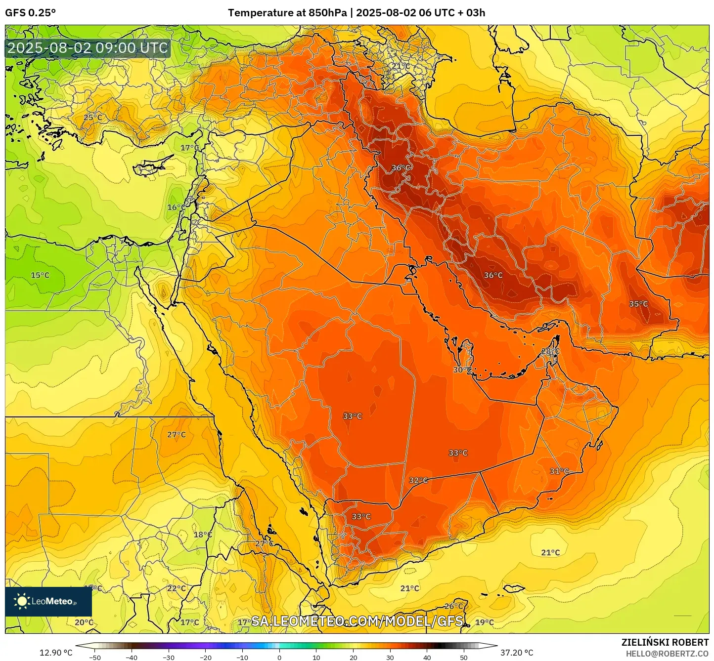 GFS model - Timur Tengah, Suhu 850 hPa GFS model - Timur Tengah, Suhu 850 hPa