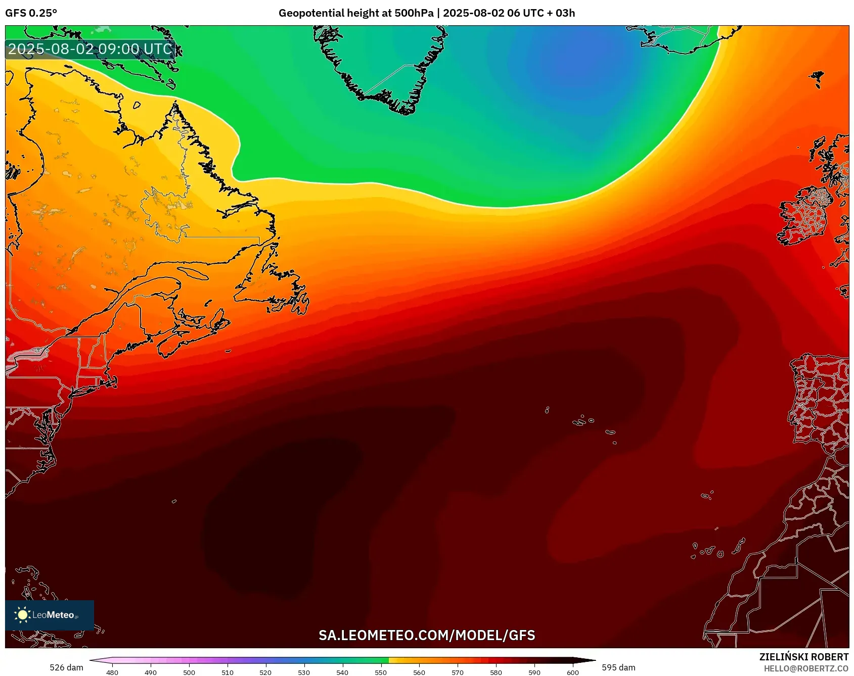 GFS model - Atlantik Utara, Ketinggian geopotensial pada 500 hPa
