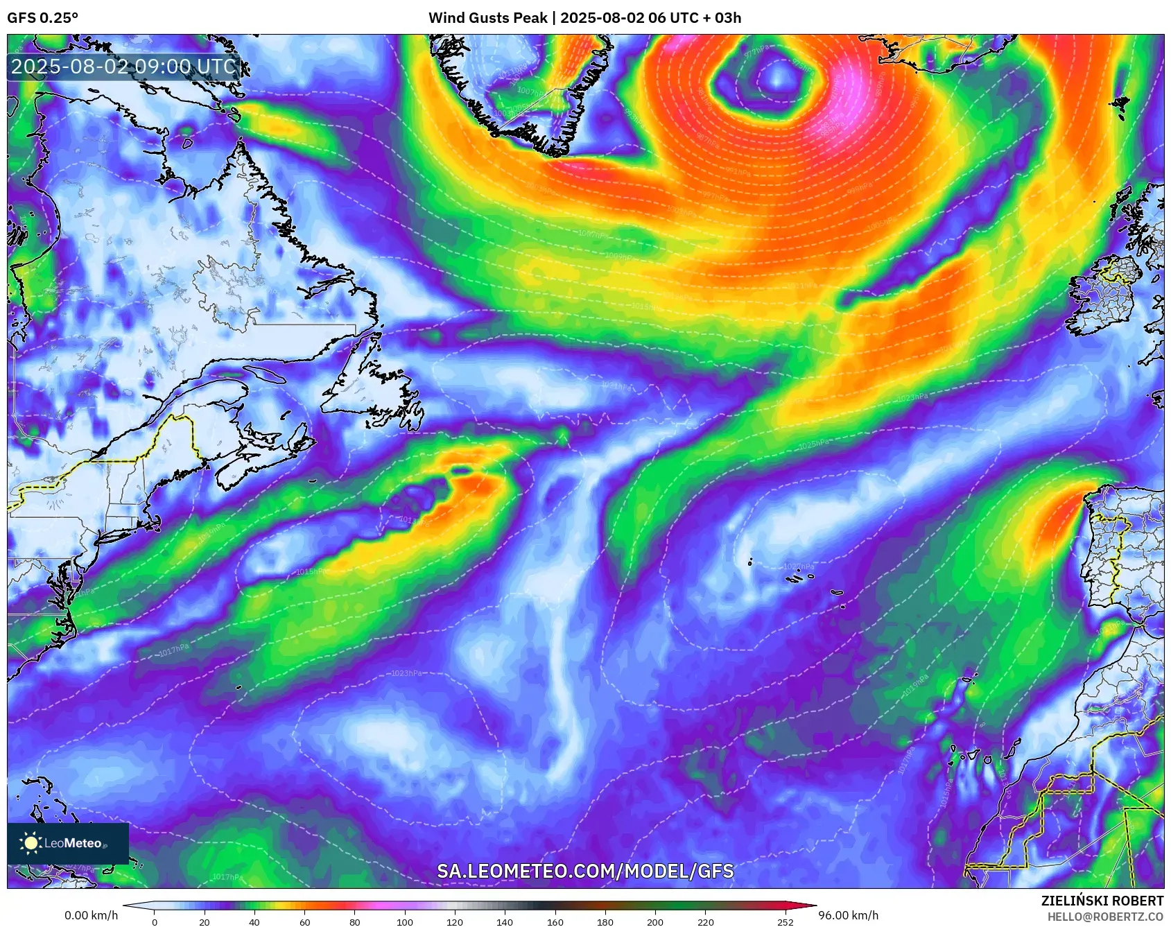 GFS model - Atlantik Utara, Puncak Hembusan