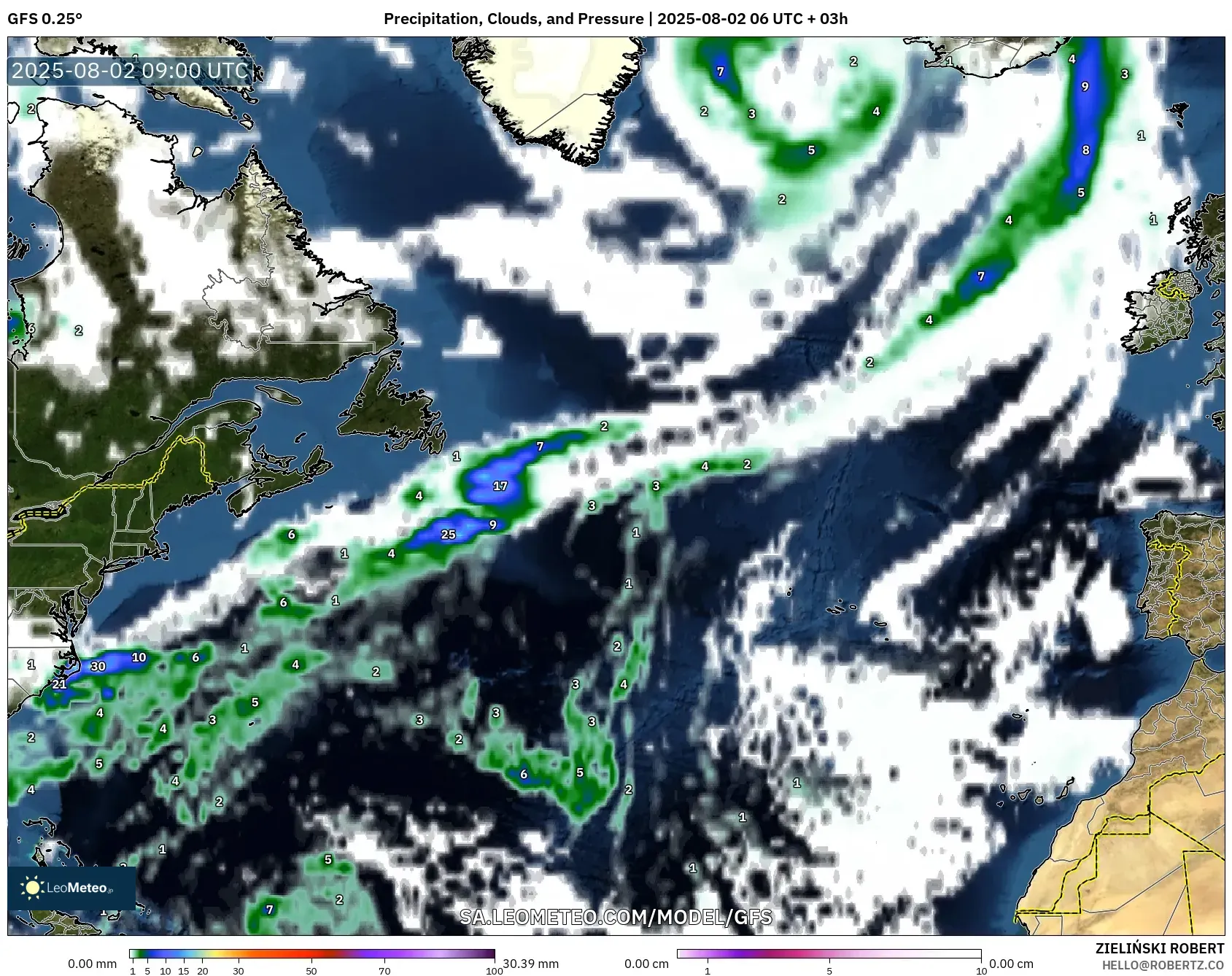 GFS model - Atlantik Utara, Curah Hujan, Awan, dan Tekanan GFS model - Atlantik Utara, Curah Hujan, Awan, dan Tekanan