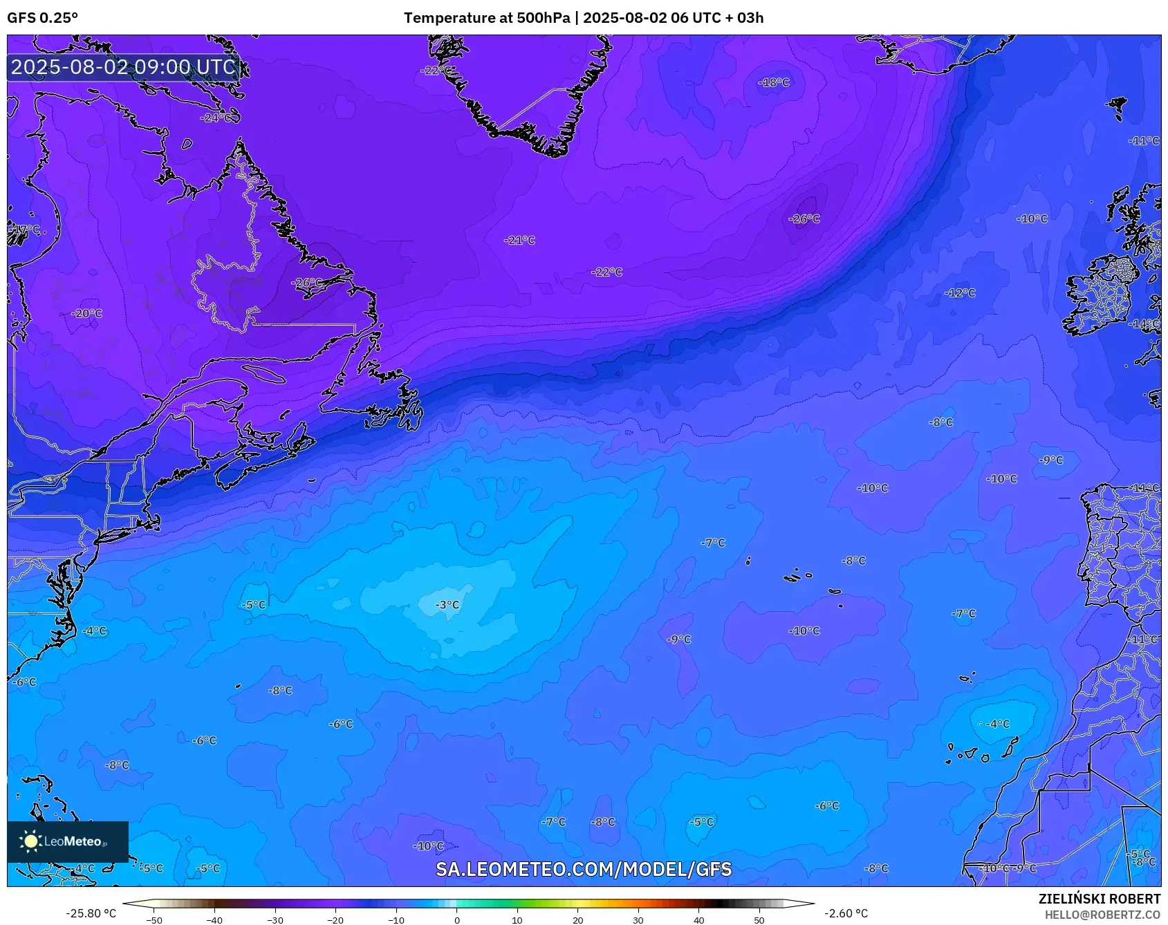 GFS model - Atlantik Utara, Suhu 500 hPa