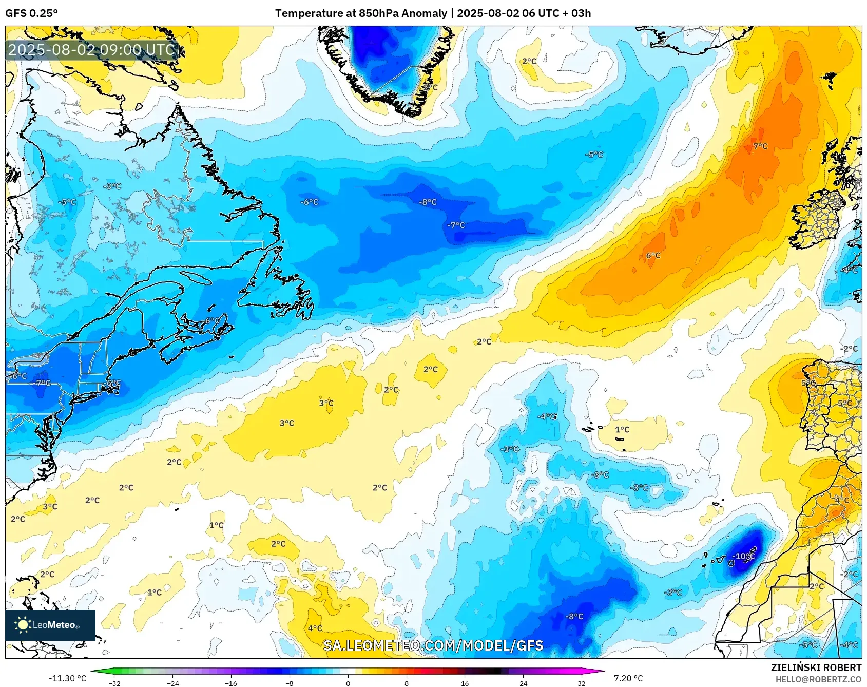 GFS model - Atlantik Utara, Anomali Suhu 850 hPa