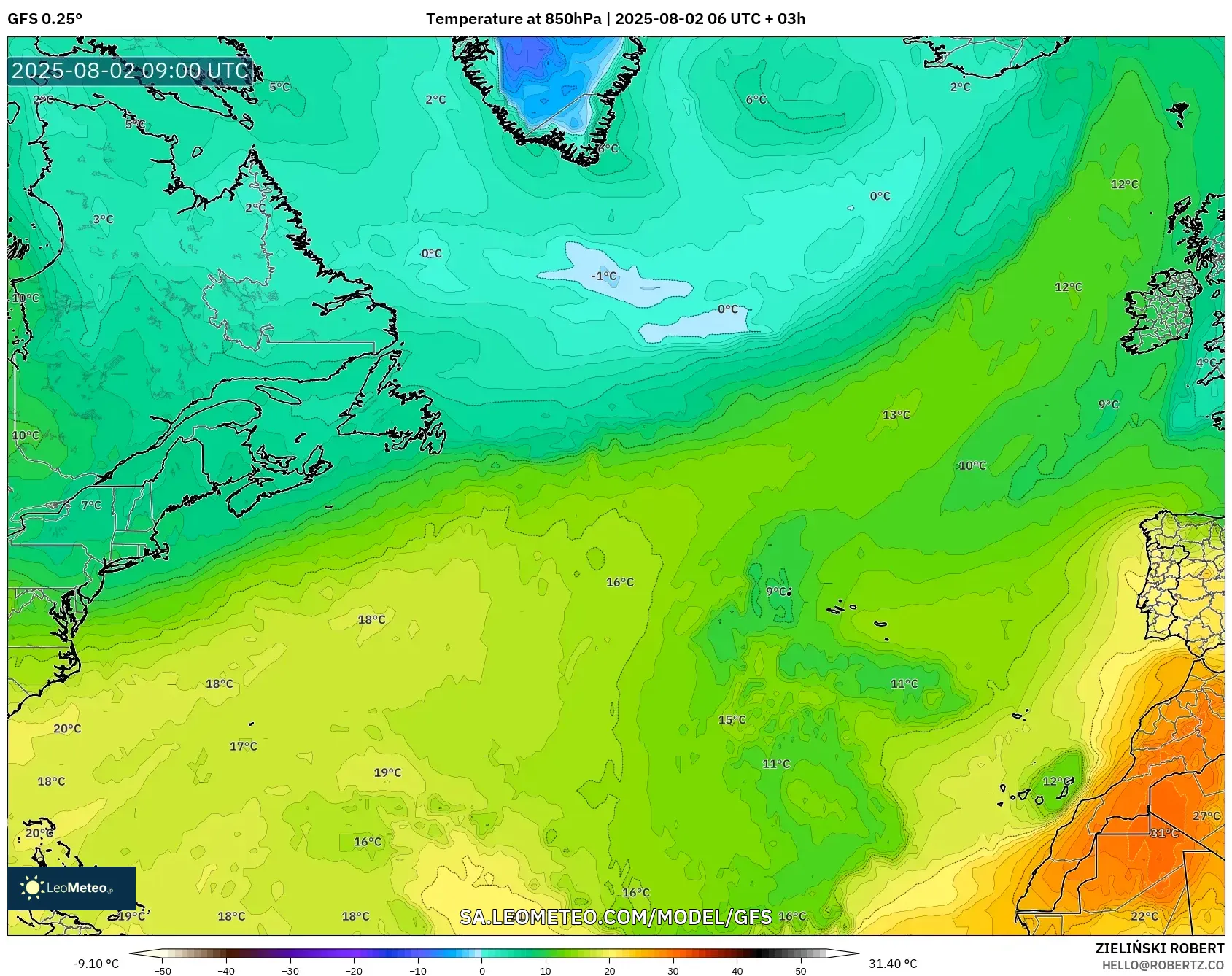 GFS model - Atlantik Utara, Suhu 850 hPa