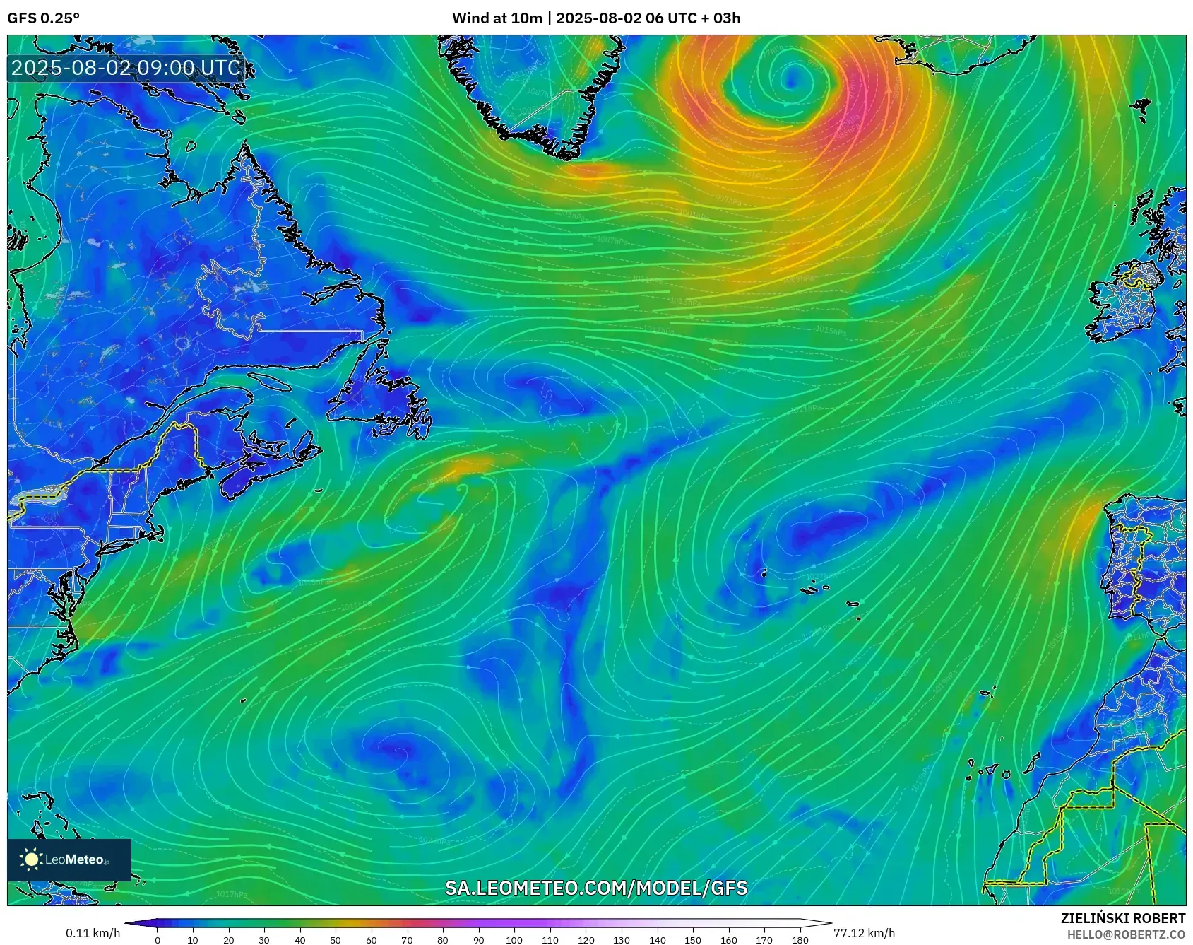 GFS model - Atlantik Utara, Angin 10 m GFS model - Atlantik Utara, Angin 10 m
