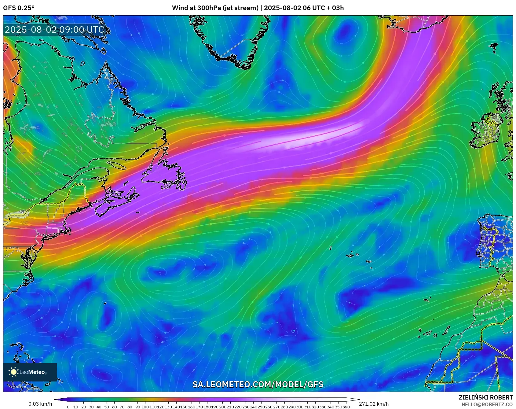 GFS model - Atlantik Utara, Angin 300 hPa (aliran jet) GFS model - Atlantik Utara, Angin 300 hPa (aliran jet)