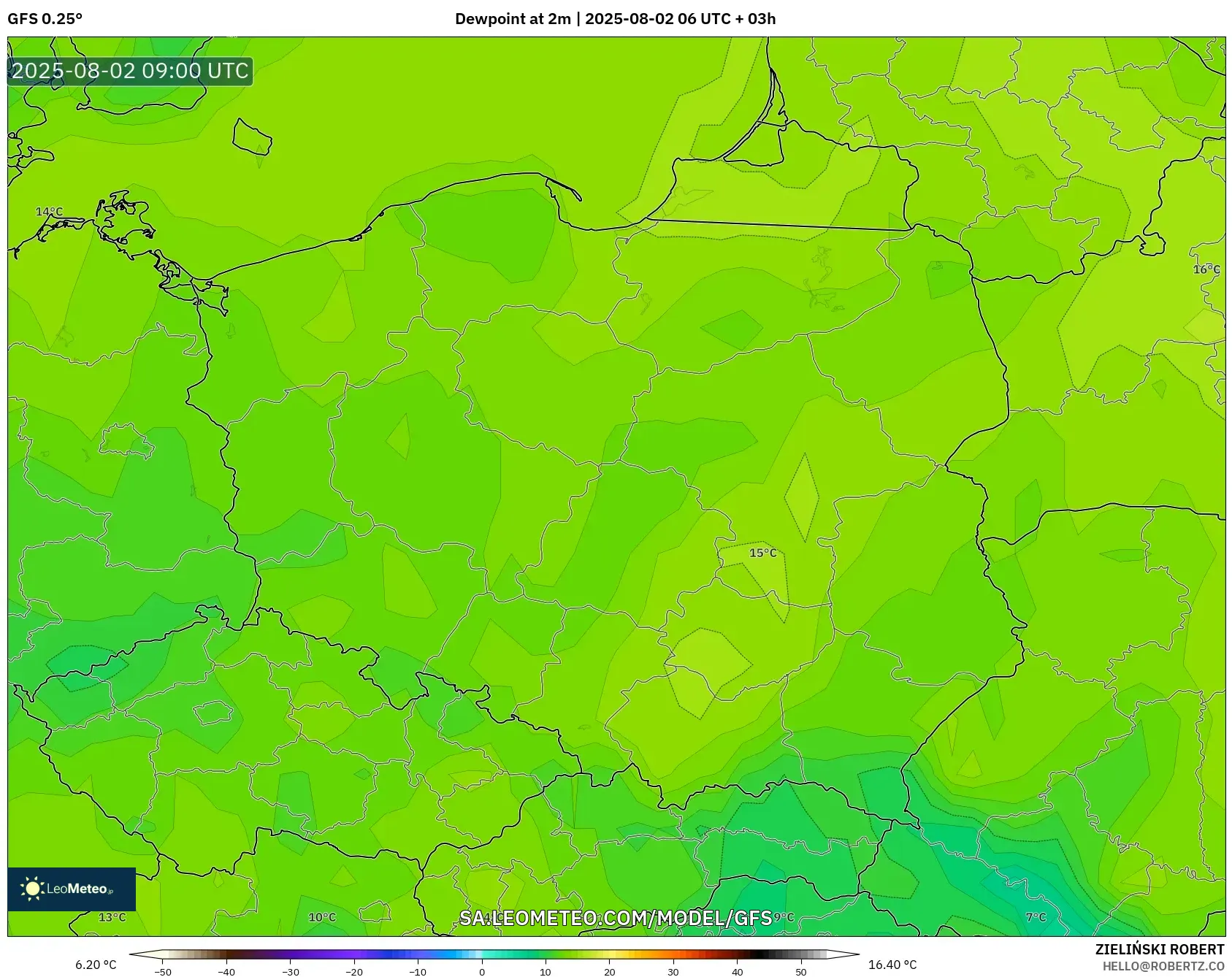 GFS model - Polandia, Titik Embun 2 m GFS model - Polandia, Titik Embun 2 m