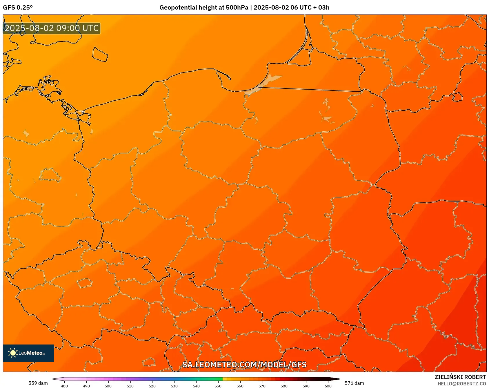 GFS model - Poland, Ketinggian geopotensial pada 500 hPa GFS model - Poland, Ketinggian geopotensial pada 500 hPa