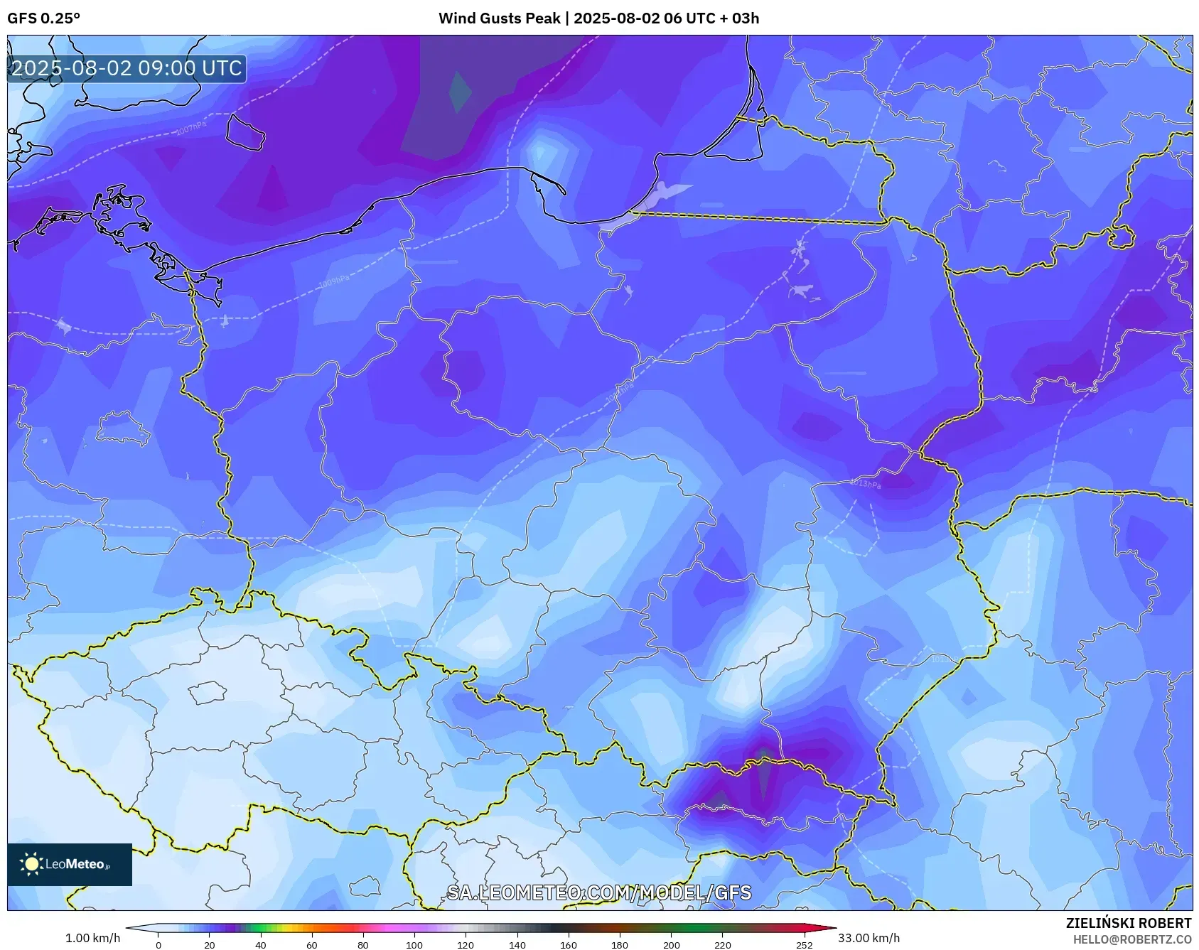 GFS model - Polandia, Puncak Hembusan GFS model - Polandia, Puncak Hembusan