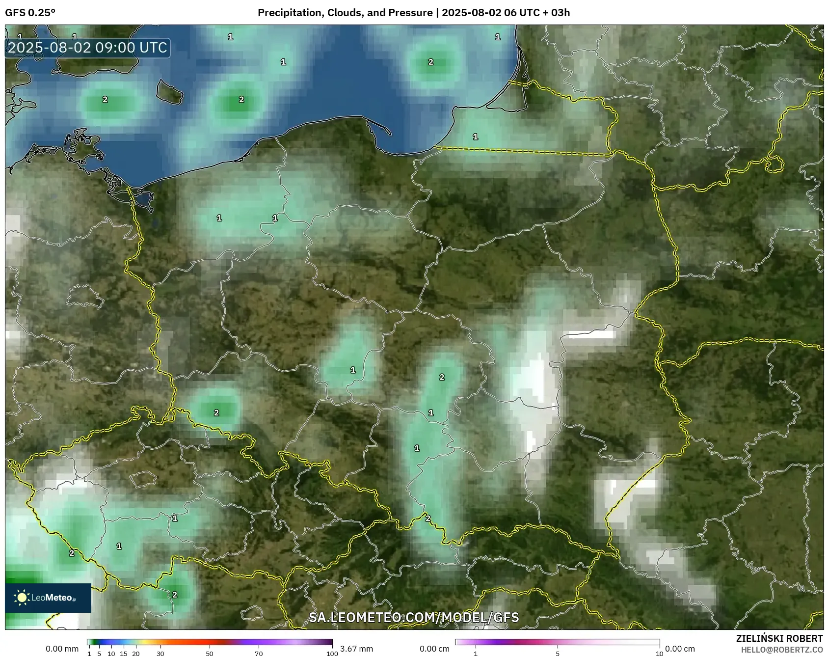 GFS model - Polandia, Curah Hujan, Awan, dan Tekanan GFS model - Polandia, Curah Hujan, Awan, dan Tekanan
