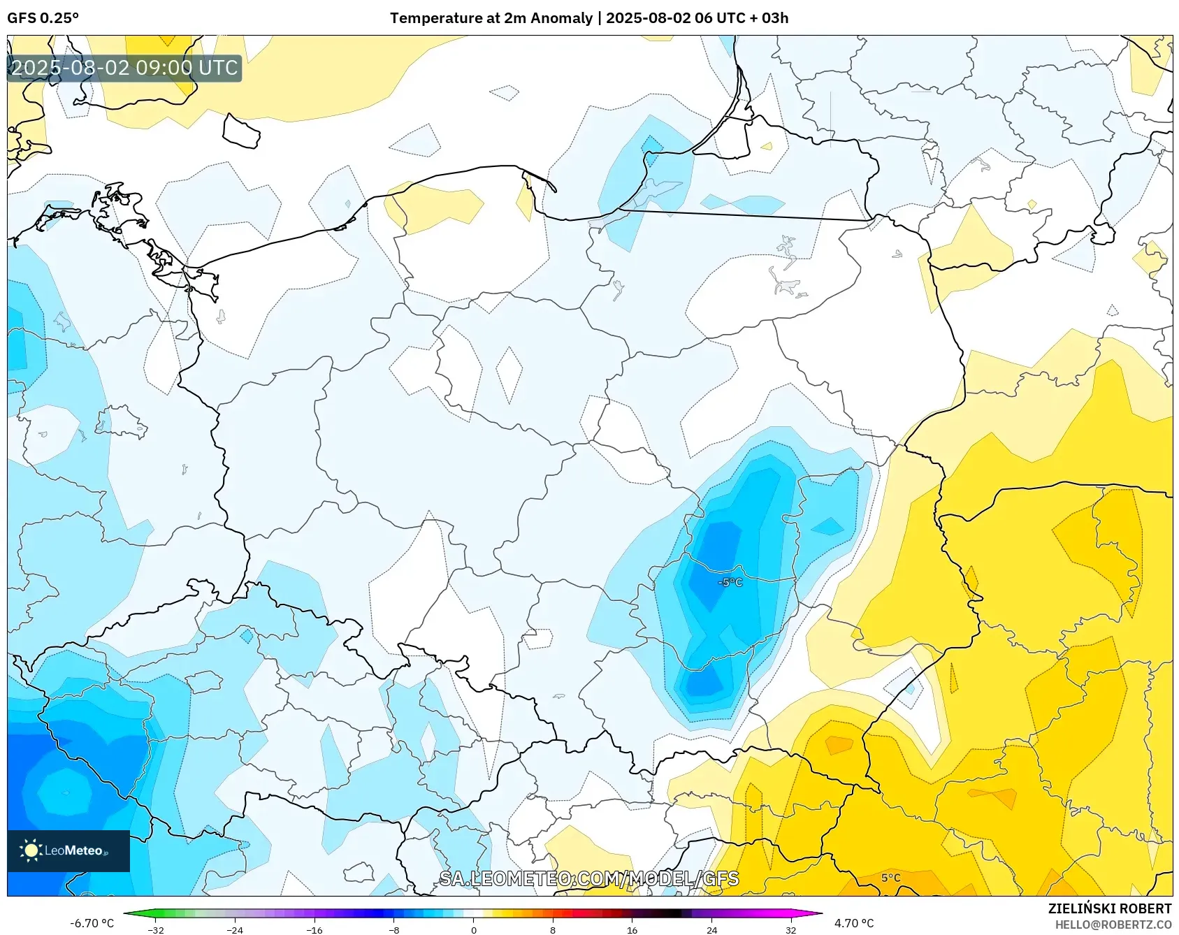 GFS model - Poland, Anomali Suhu 2 m GFS model - Poland, Anomali Suhu 2 m